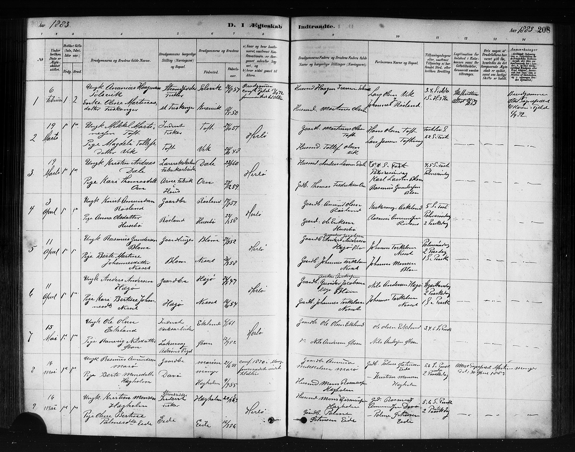 Herdla Sokneprestembete, SAB/A-75701/H/Haa: Parish register (official) no. A 3, 1878-1890, p. 208