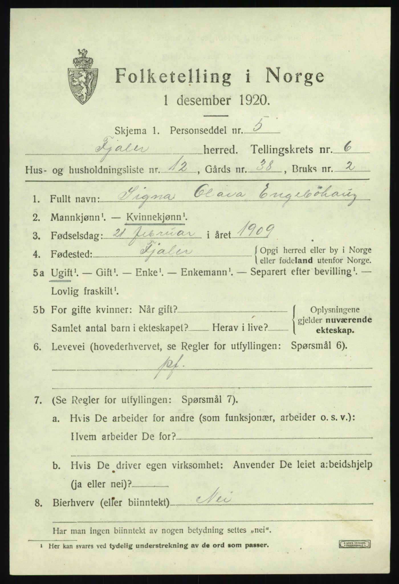 SAB, 1920 census for Fjaler, 1920, p. 3885