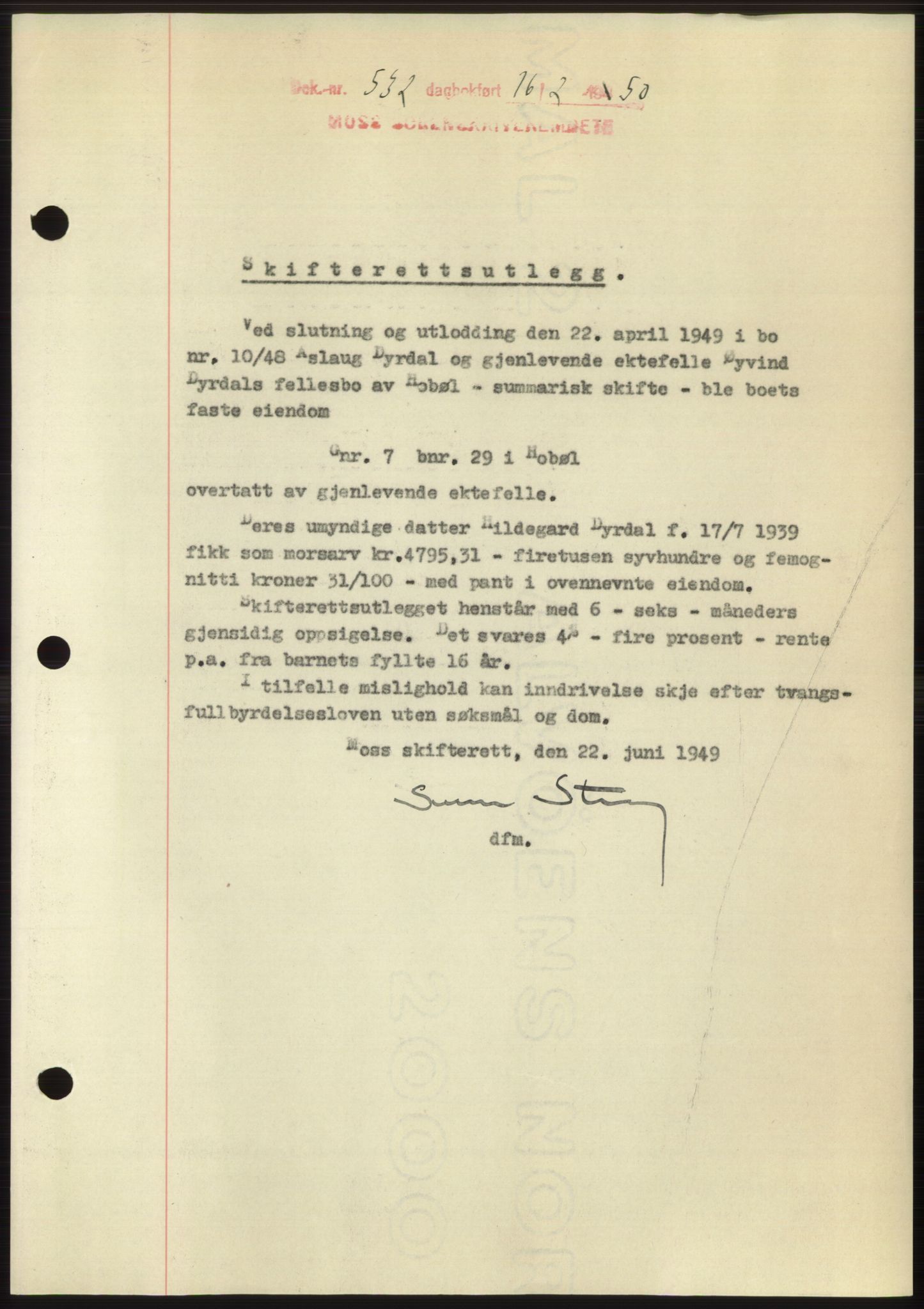 Moss sorenskriveri, SAO/A-10168: Mortgage book no. B23, 1949-1950, Diary no: : 532/1950