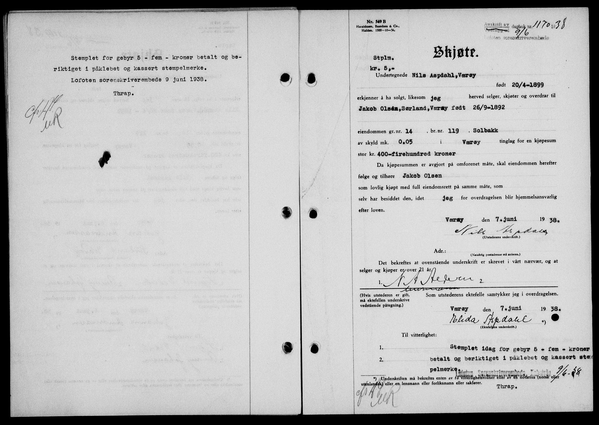 Lofoten sorenskriveri, SAT/A-0017/1/2/2C/L0004a: Mortgage book no. 4a, 1938-1938, Diary no: : 1170/1938