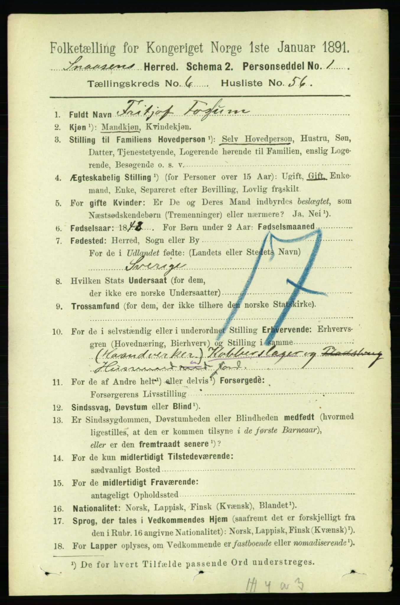 RA, 1891 census for 1736 Snåsa, 1891, p. 2219