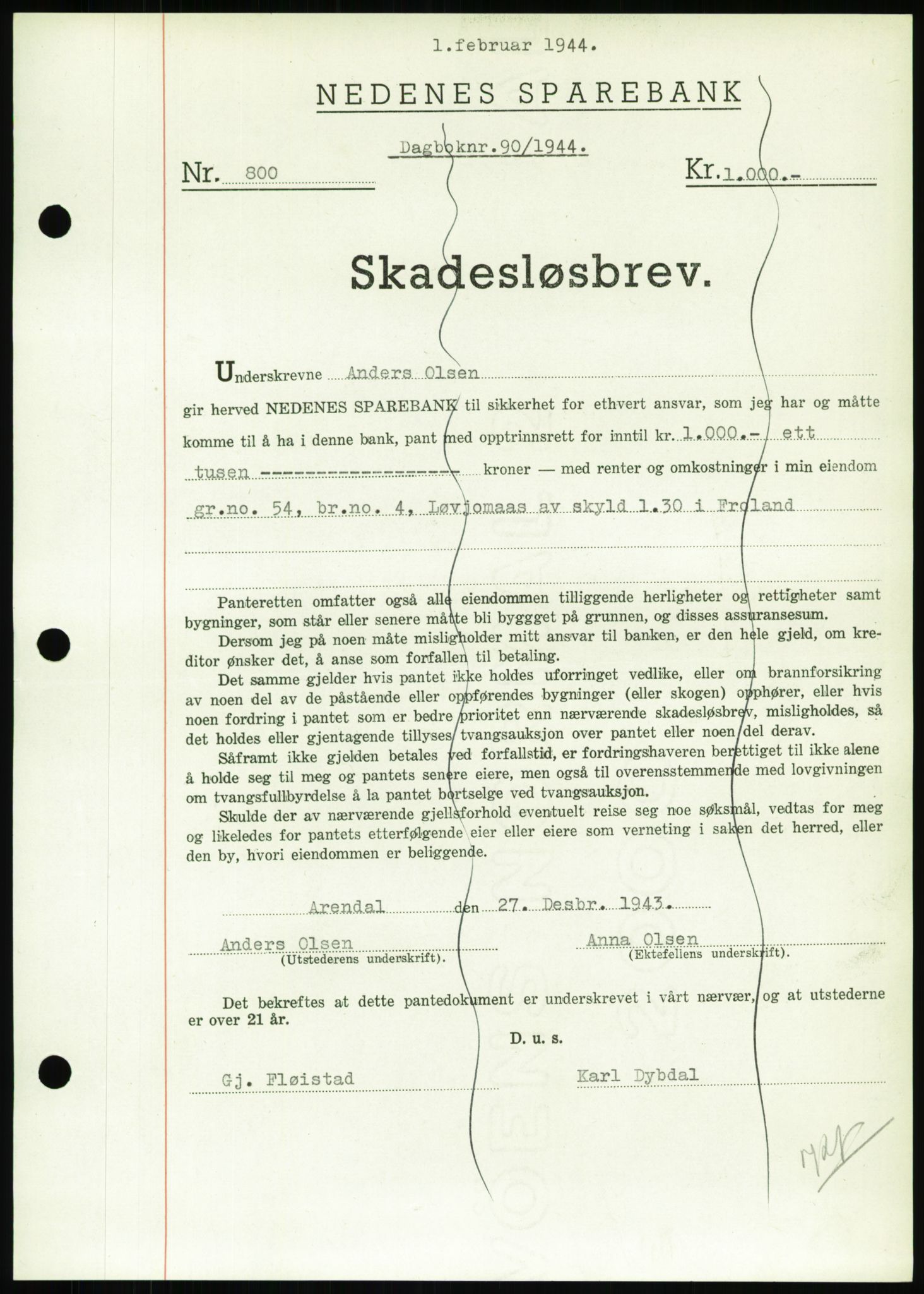 Nedenes sorenskriveri, AV/SAK-1221-0006/G/Gb/Gbb/L0002: Mortgage book no. II, 1942-1945, Diary no: : 90/1944