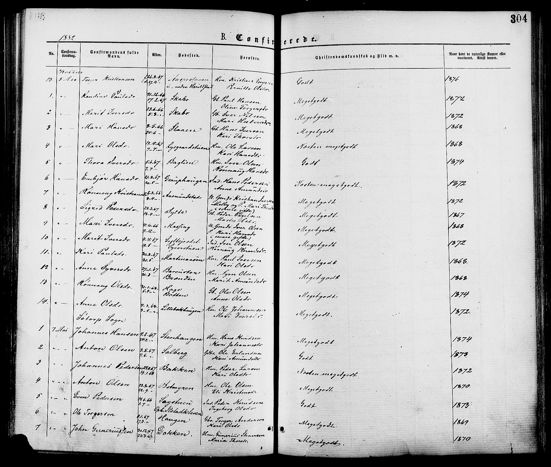 Nord-Fron prestekontor, AV/SAH-PREST-080/H/Ha/Haa/L0002: Parish register (official) no. 2, 1865-1883, p. 304