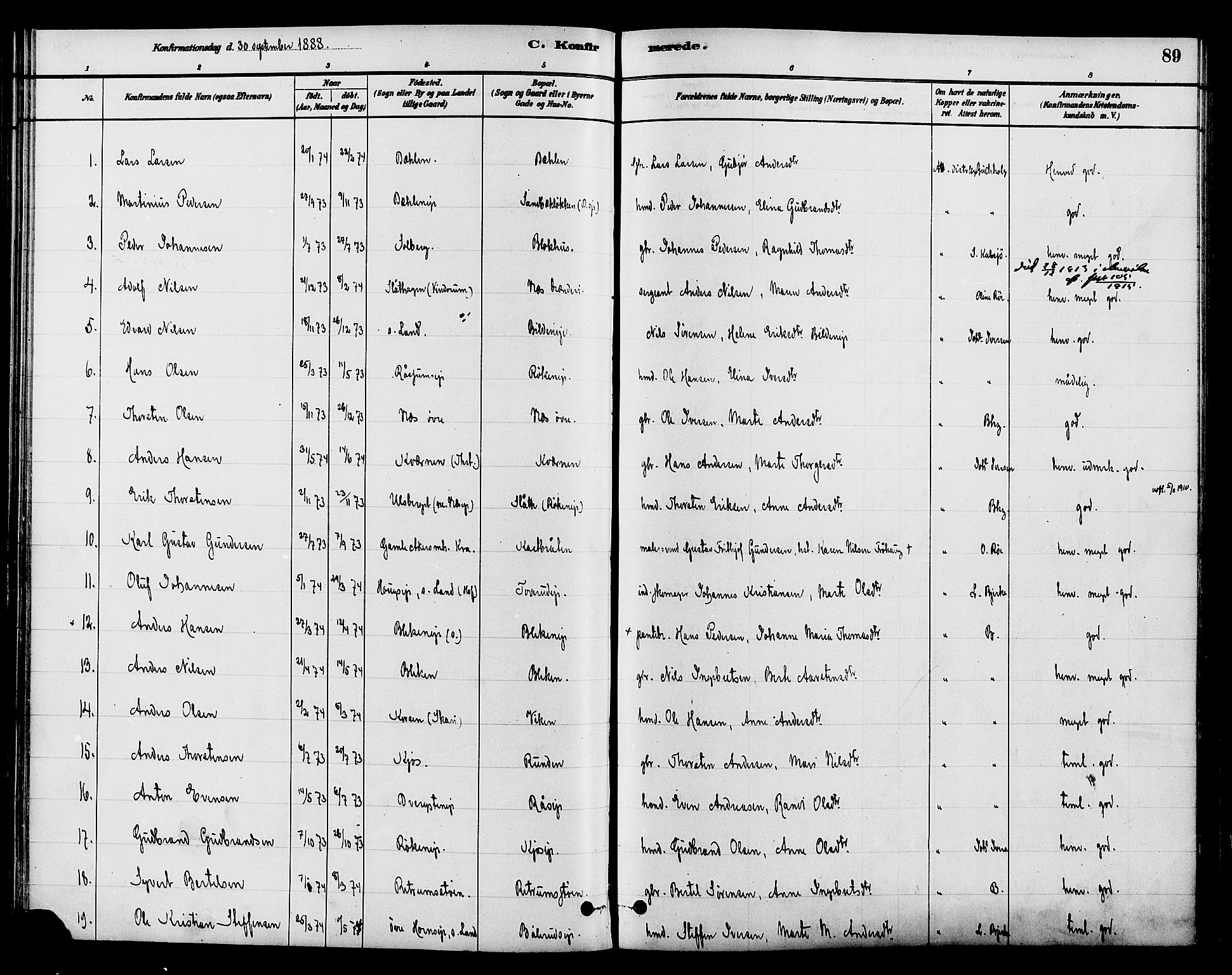 Gran prestekontor, AV/SAH-PREST-112/H/Ha/Haa/L0015: Parish register (official) no. 15, 1880-1888, p. 89