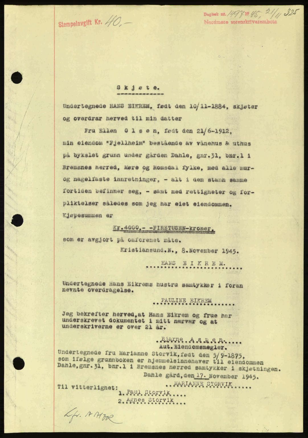 Nordmøre sorenskriveri, AV/SAT-A-4132/1/2/2Ca: Mortgage book no. A100a, 1945-1945, Diary no: : 1497/1945