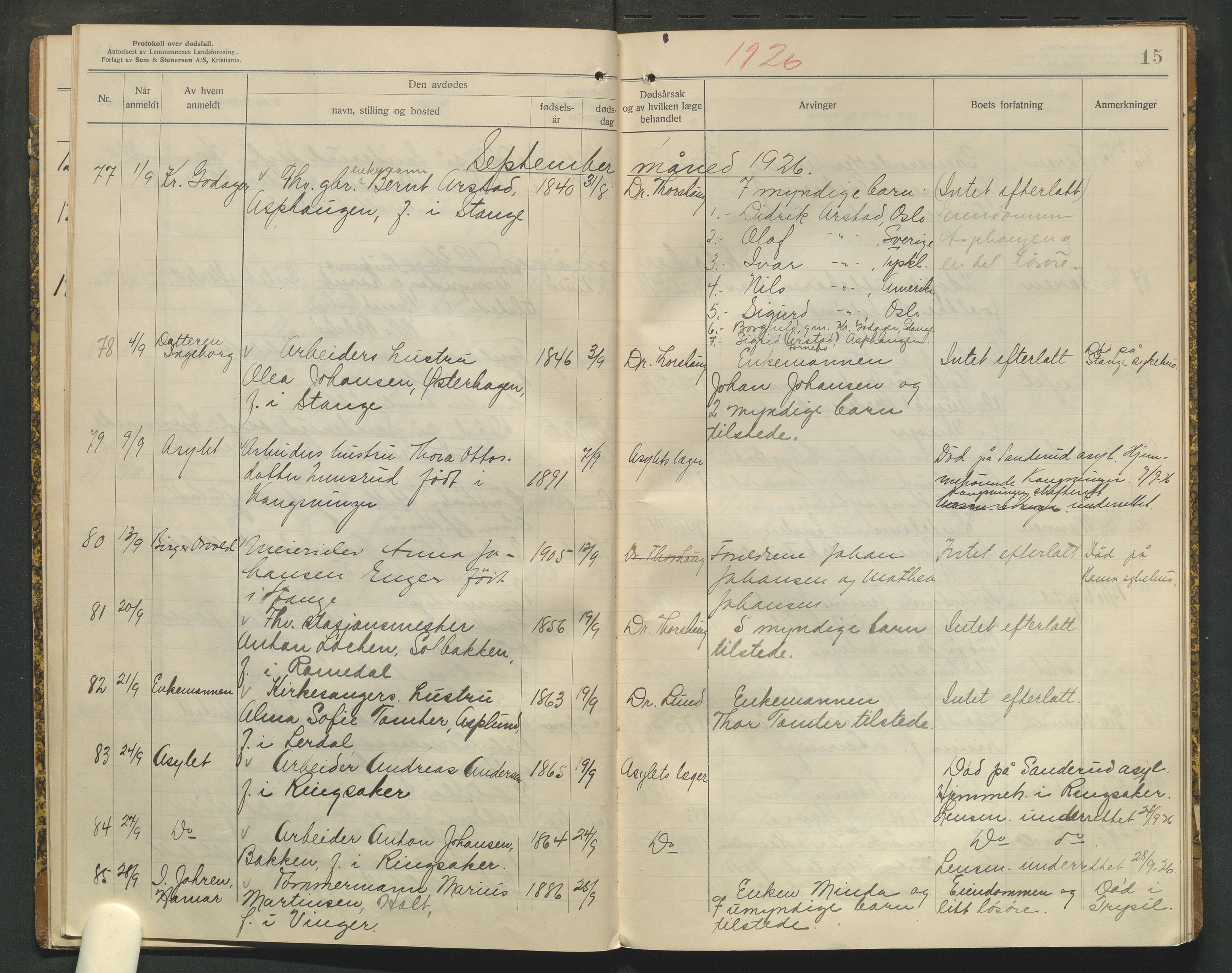 Stange lensmannskontor, AV/SAH-LHS-020/H/Ha/Haa/L0001/0005: Dødsfallsprotokoller / Dødsfallsprotokoll, 1925-1929, p. 15