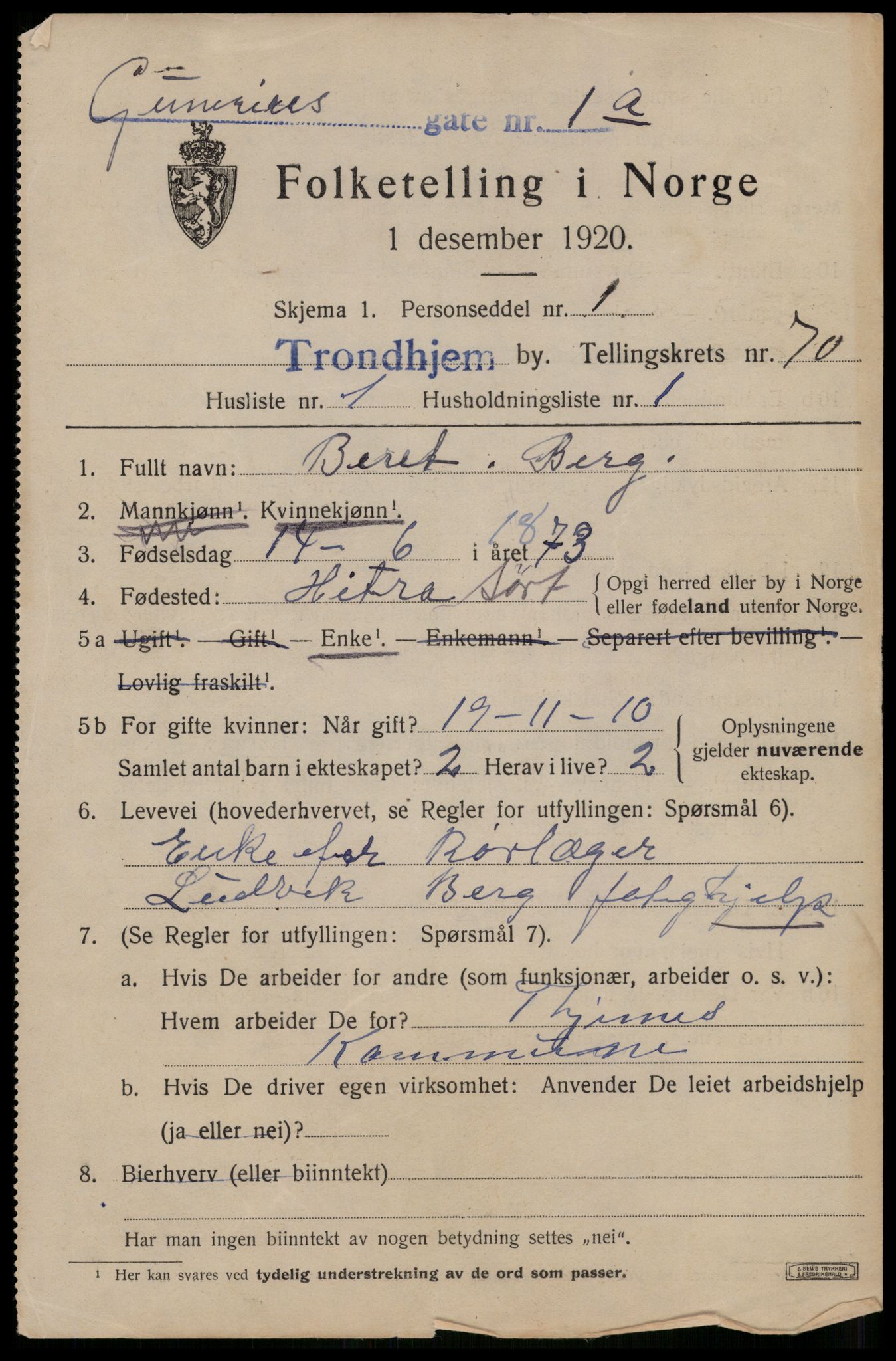 SAT, 1920 census for Trondheim, 1920, p. 137940