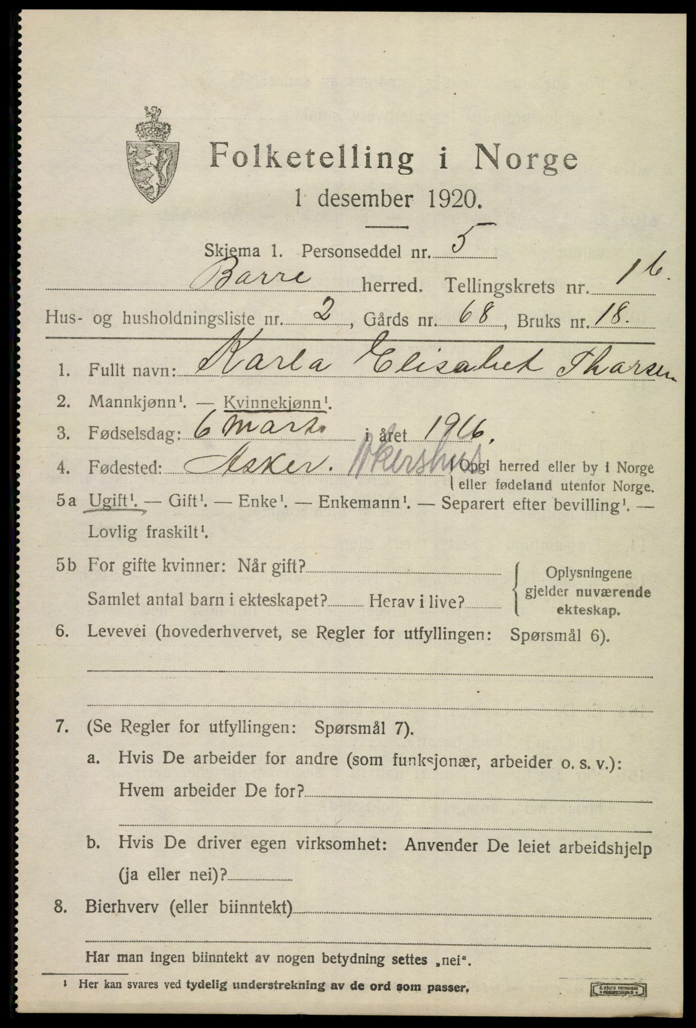 SAKO, 1920 census for Borre, 1920, p. 2640