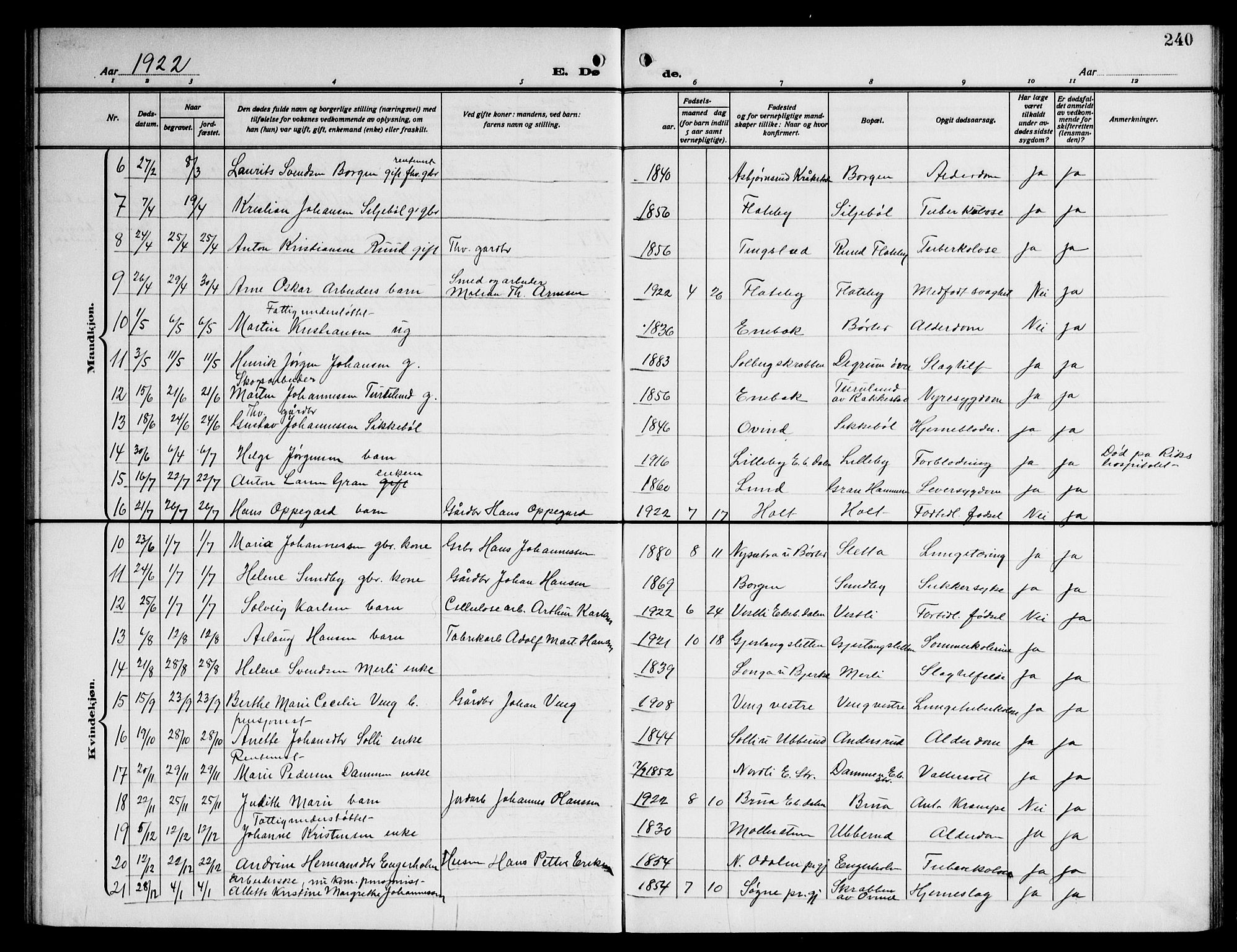 Enebakk prestekontor Kirkebøker, AV/SAO-A-10171c/G/Ga/L0007: Parish register (copy) no. I 7, 1911-1949, p. 240