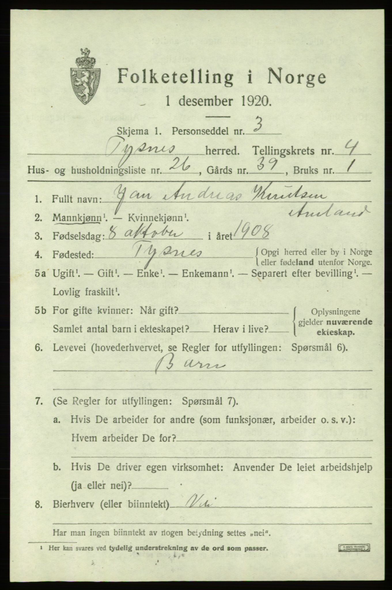 SAB, 1920 census for Tysnes, 1920, p. 3488