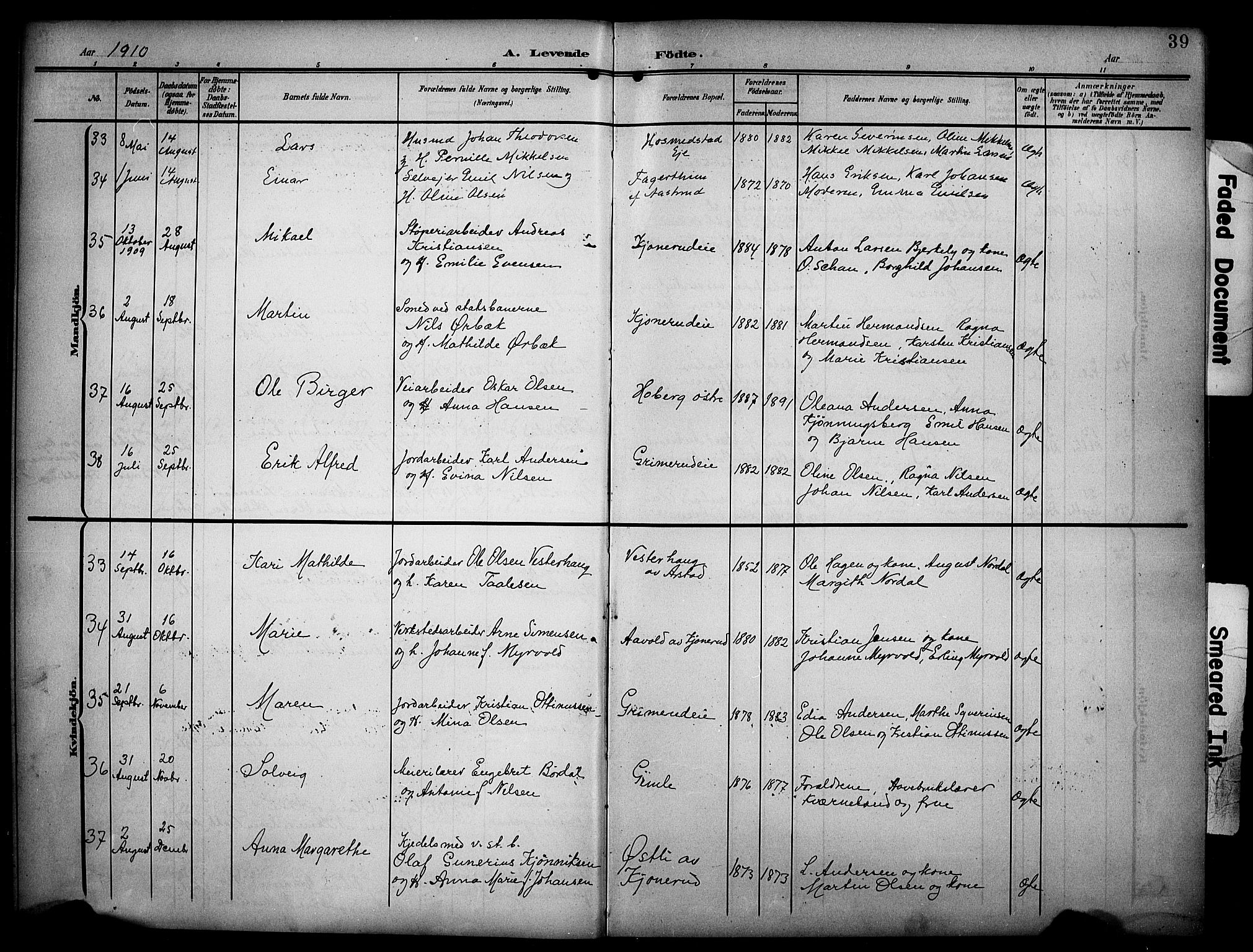 Stange prestekontor, AV/SAH-PREST-002/K/L0022: Parish register (official) no. 22, 1903-1914, p. 39