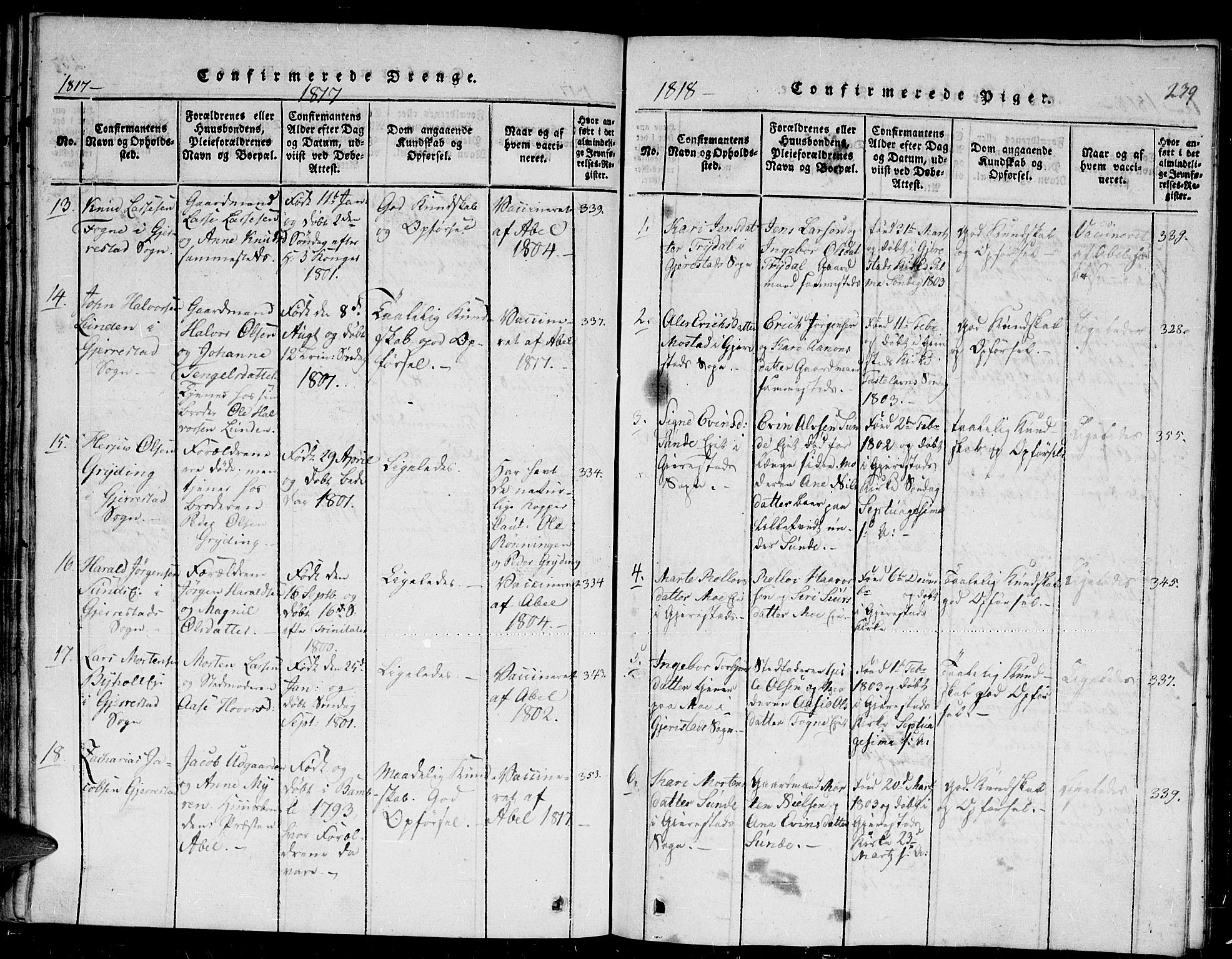 Gjerstad sokneprestkontor, SAK/1111-0014/F/Fb/Fba/L0002: Parish register (copy) no. B 2, 1816-1845, p. 239
