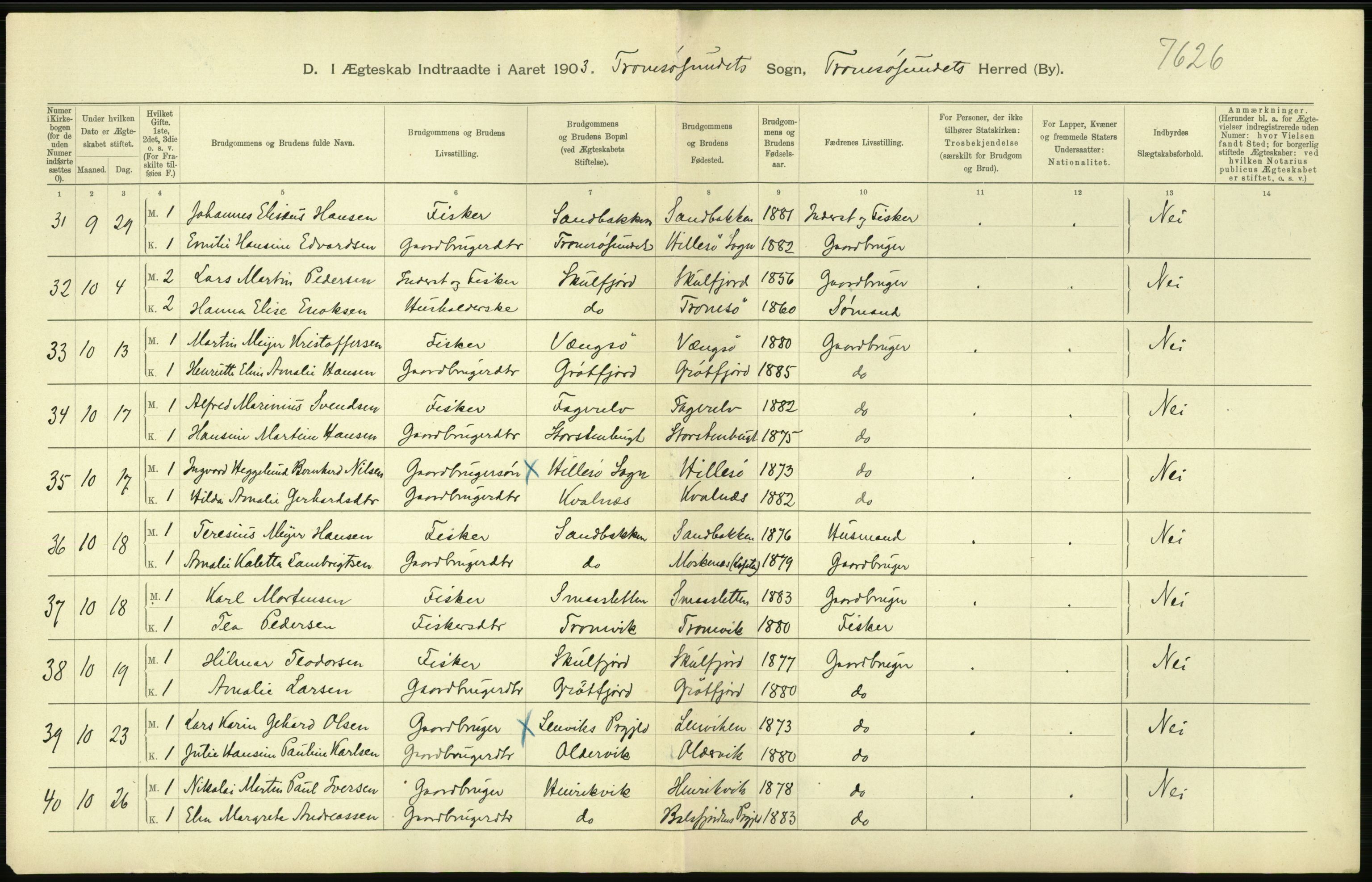 Statistisk sentralbyrå, Sosiodemografiske emner, Befolkning, AV/RA-S-2228/D/Df/Dfa/Dfaa/L0021: Tromsø amt: Fødte, gifte, døde., 1903, p. 306
