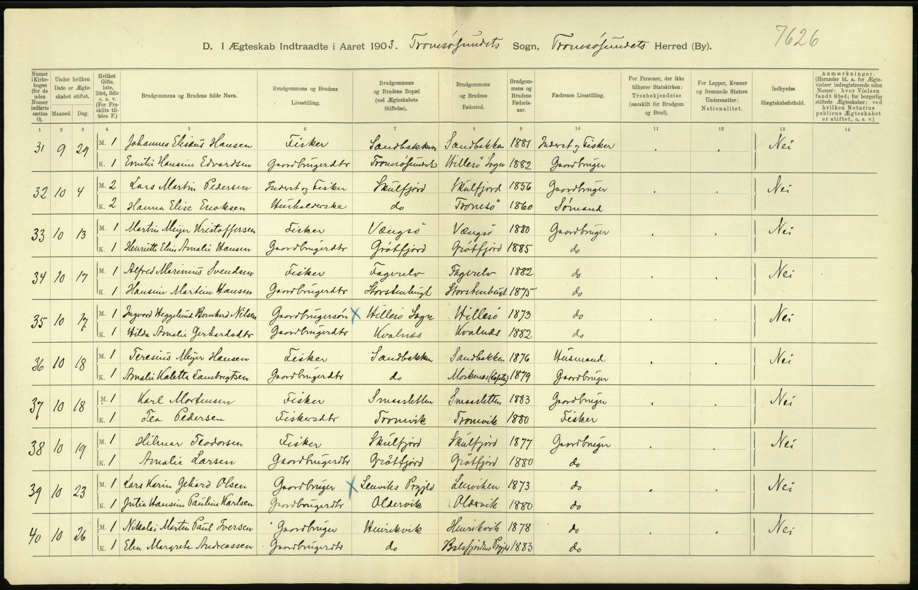 Statistisk sentralbyrå, Sosiodemografiske emner, Befolkning, AV/RA-S-2228/D/Df/Dfa/Dfaa/L0021: Tromsø amt: Fødte, gifte, døde., 1903, p. 306