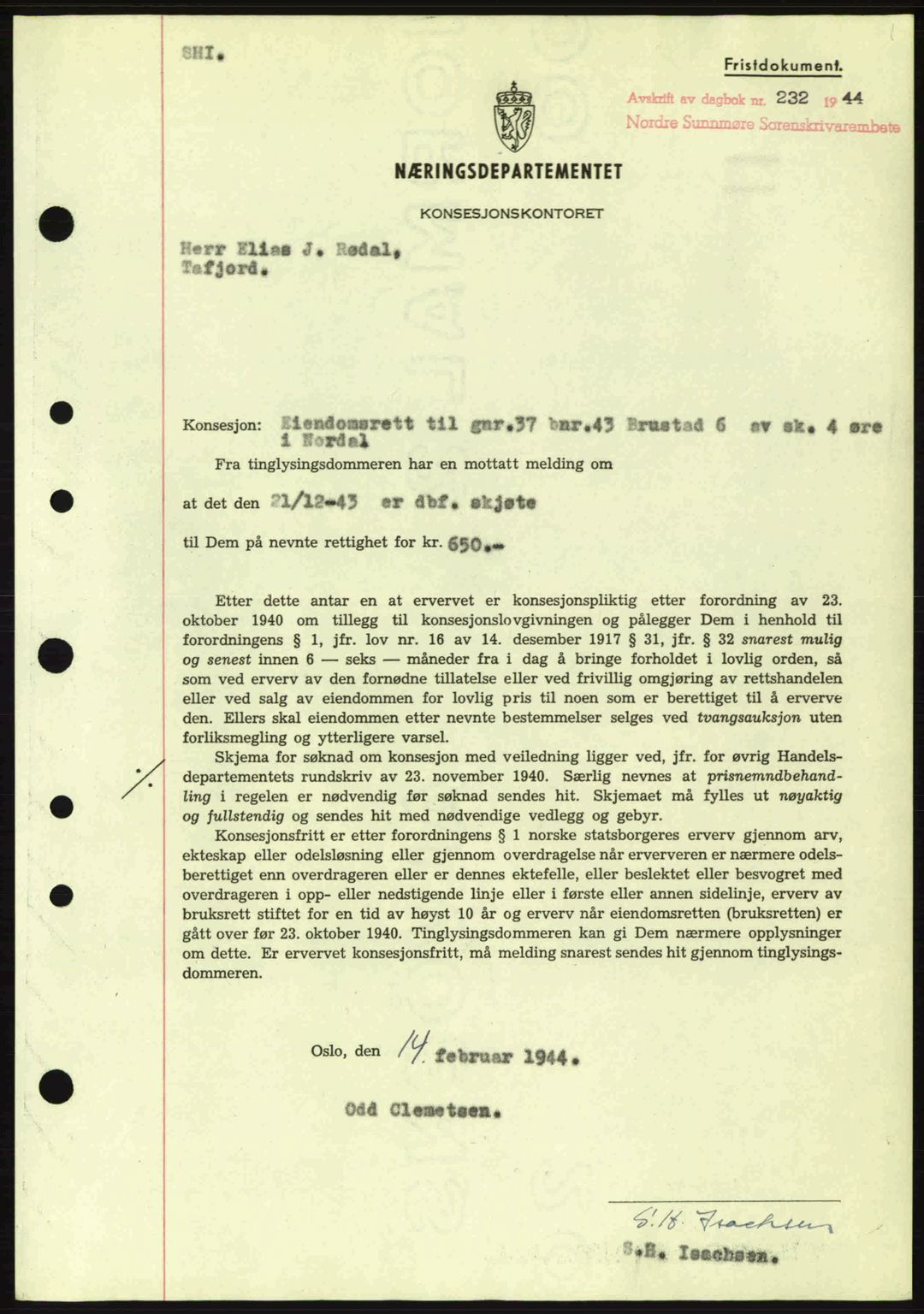 Nordre Sunnmøre sorenskriveri, SAT/A-0006/1/2/2C/2Ca: Mortgage book no. B6-14 a, 1942-1945, Diary no: : 232/1944