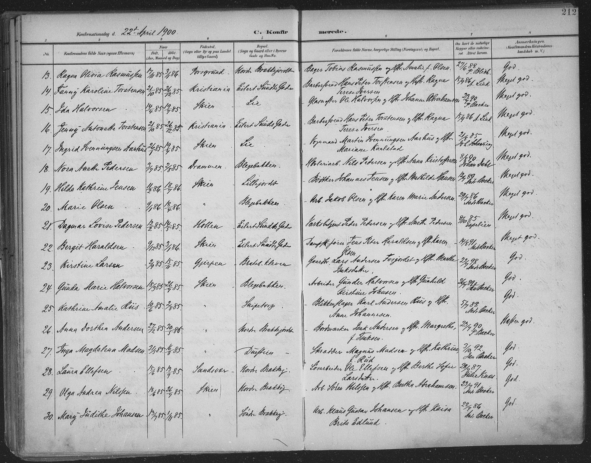 Skien kirkebøker, AV/SAKO-A-302/F/Fa/L0011: Parish register (official) no. 11, 1900-1907, p. 212