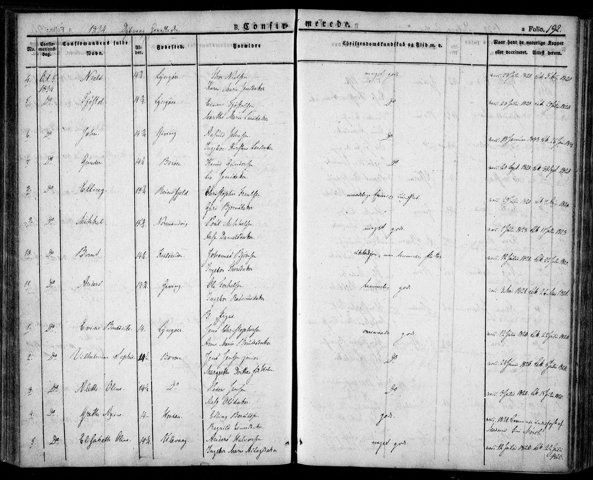 Dypvåg sokneprestkontor, AV/SAK-1111-0007/F/Fa/Faa/L0004: Parish register (official) no. A 4, 1824-1840, p. 192