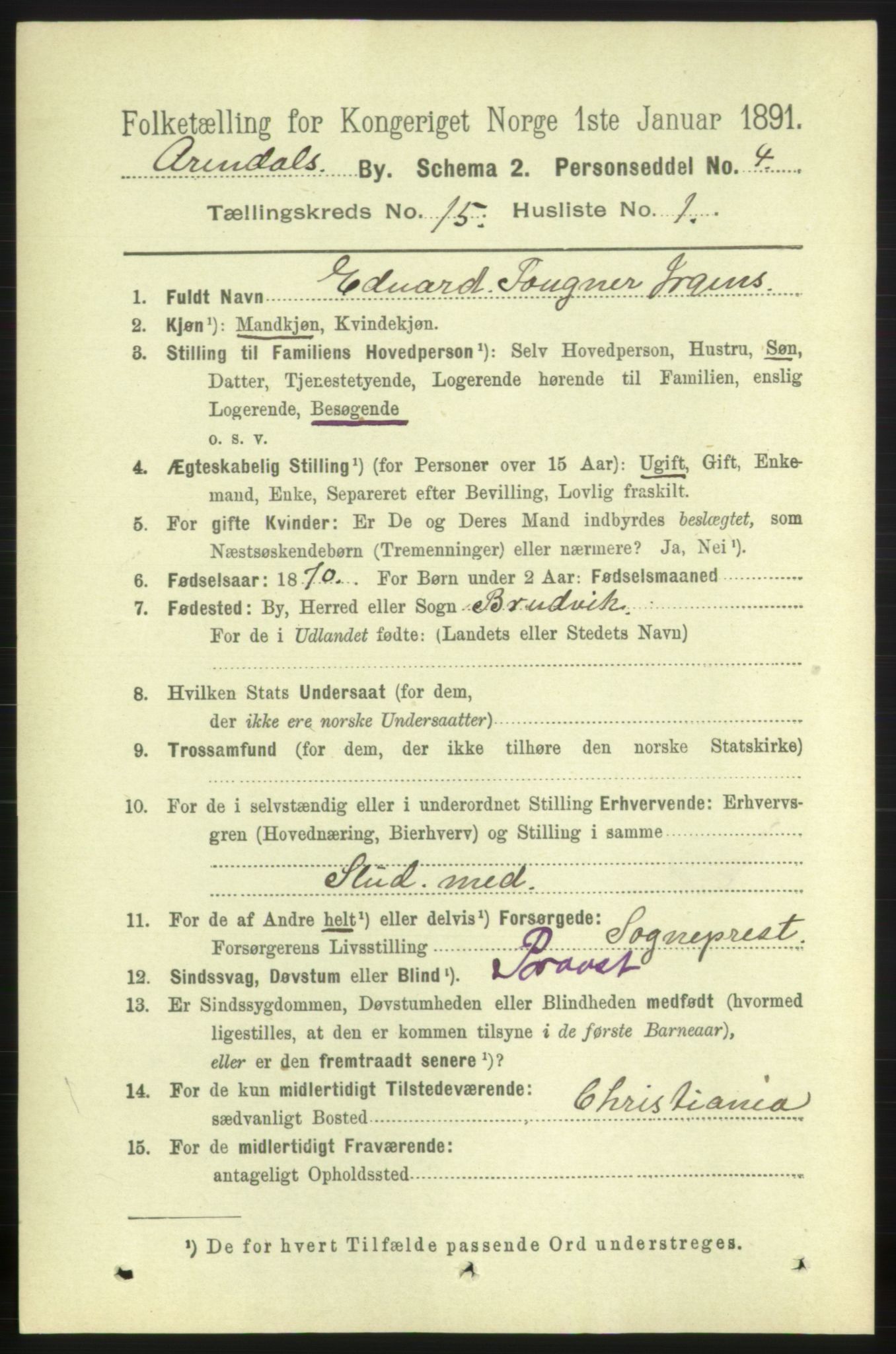 RA, 1891 census for 0903 Arendal, 1891, p. 5030