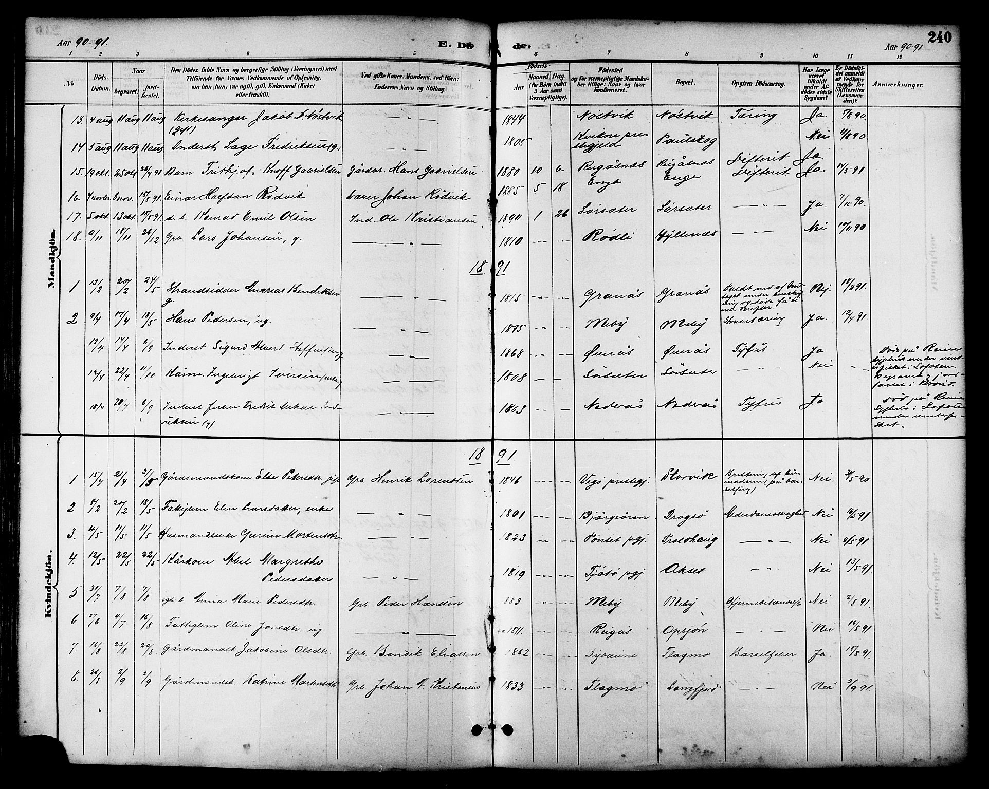 Ministerialprotokoller, klokkerbøker og fødselsregistre - Nordland, AV/SAT-A-1459/814/L0230: Parish register (copy) no. 814C03, 1884-1911, p. 240