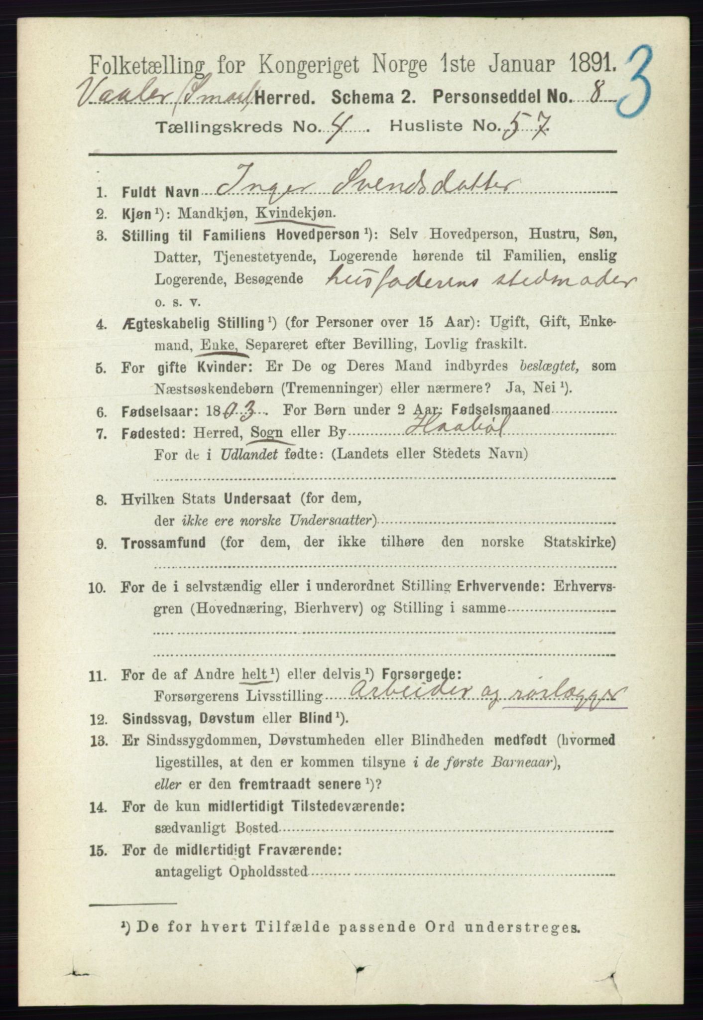 RA, 1891 census for 0137 Våler, 1891, p. 1920