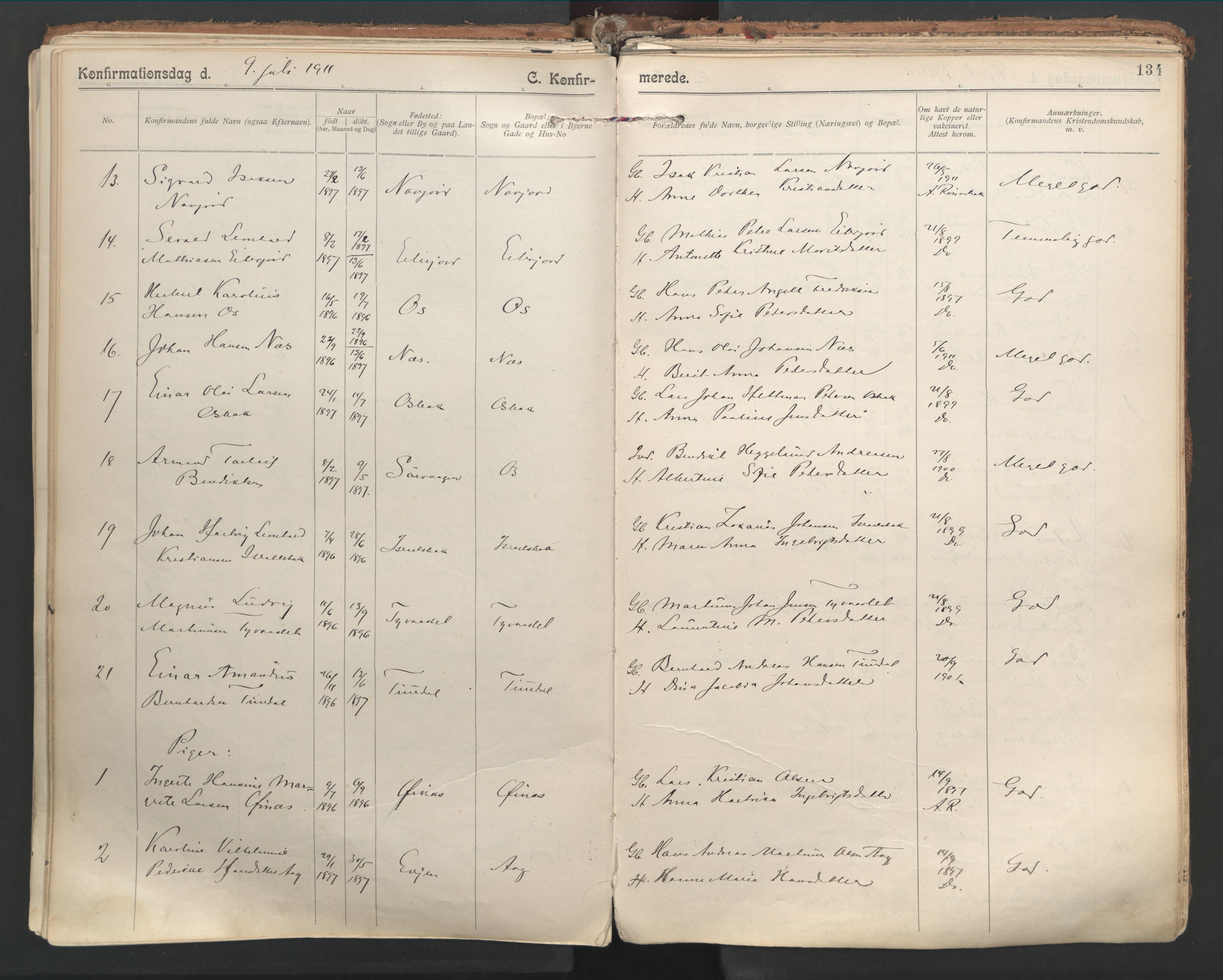 Ministerialprotokoller, klokkerbøker og fødselsregistre - Nordland, SAT/A-1459/846/L0647: Parish register (official) no. 846A05, 1902-1915, p. 134