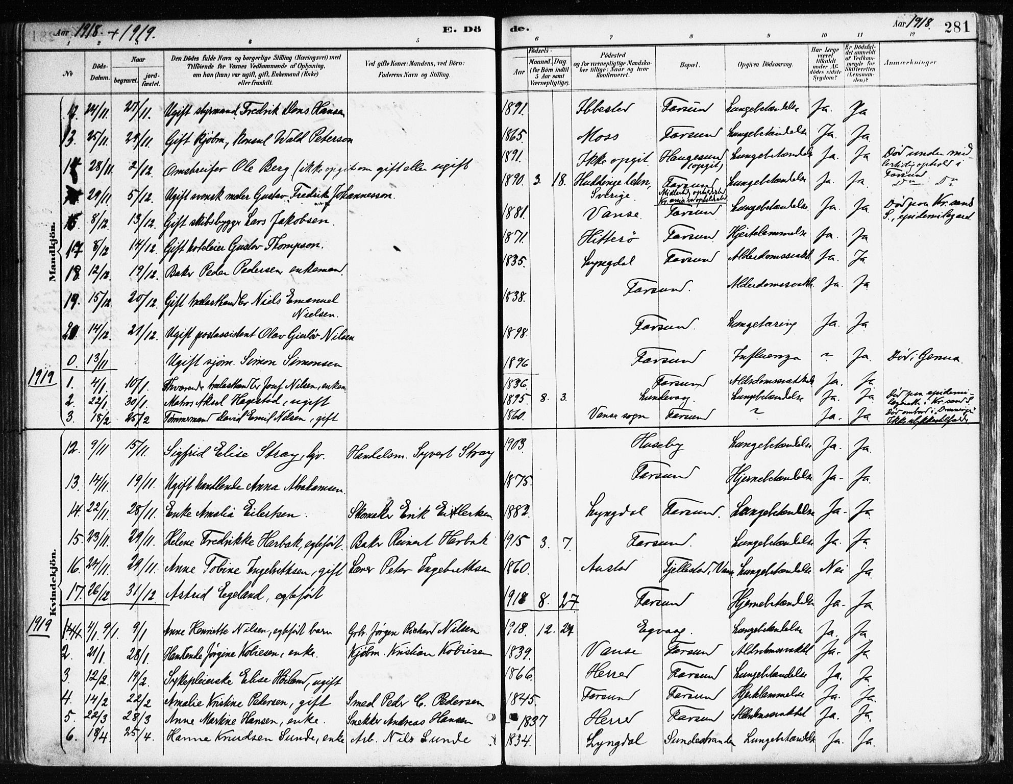 Farsund sokneprestkontor, SAK/1111-0009/F/Fa/L0006: Parish register (official) no. A 6, 1887-1920, p. 281