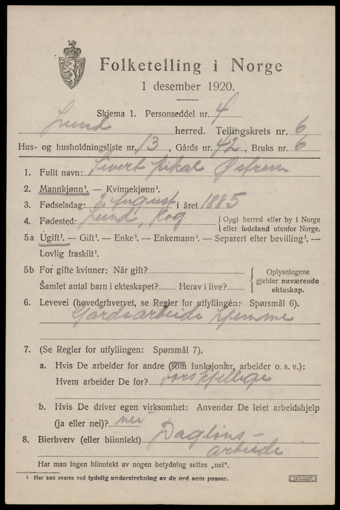 SAST, 1920 census for Lund, 1920, p. 4026