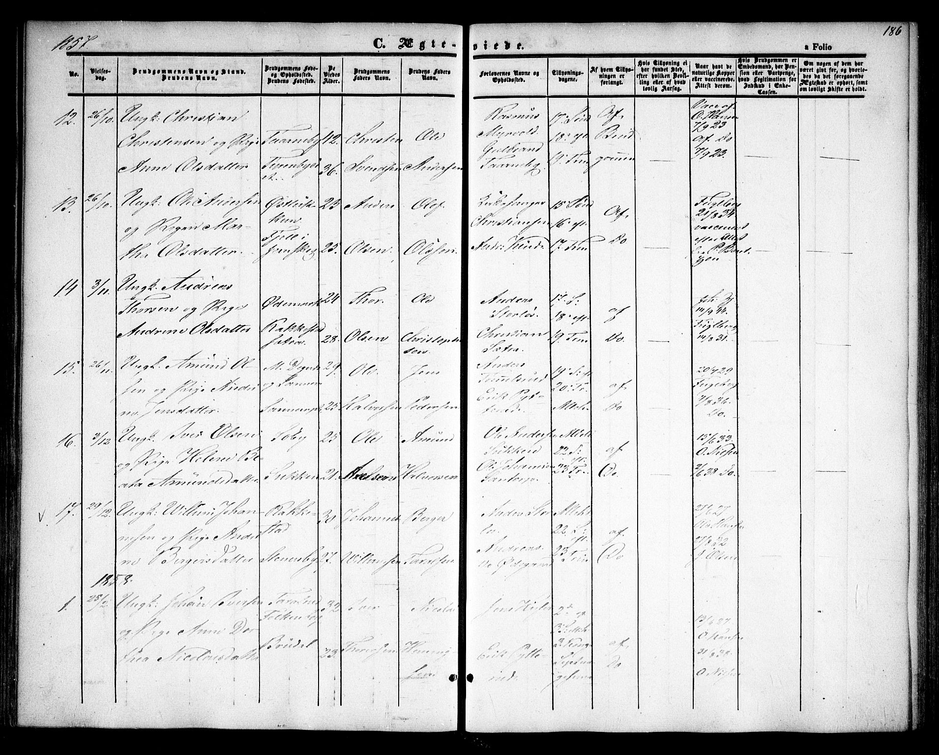 Rødenes prestekontor Kirkebøker, SAO/A-2005/F/Fa/L0006: Parish register (official) no. I 6, 1850-1859, p. 186