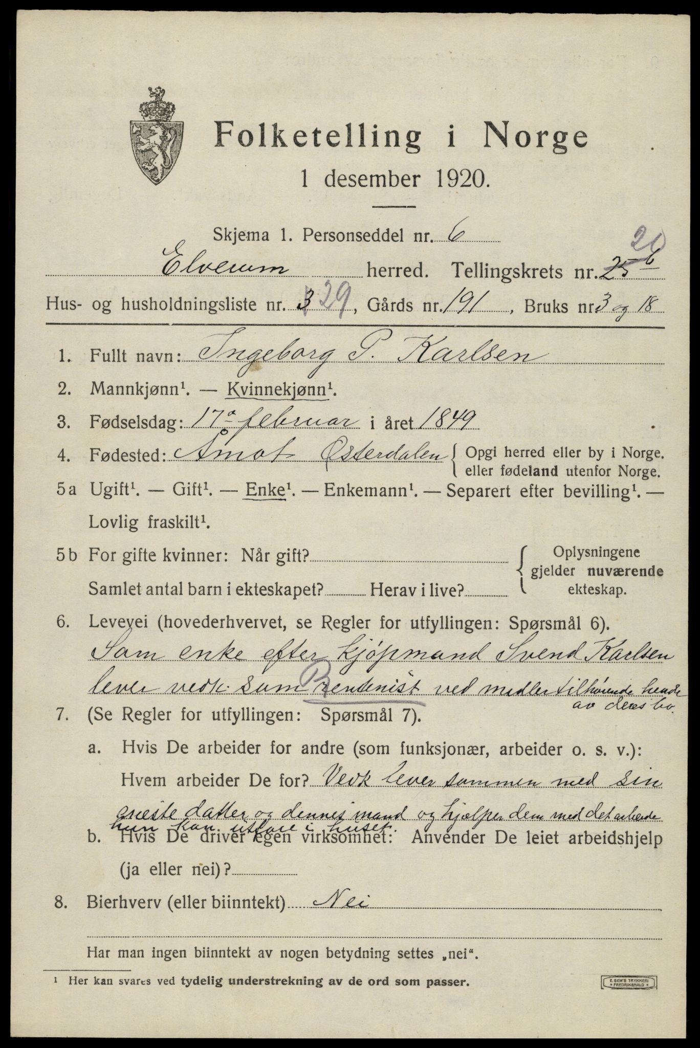 SAH, 1920 census for Elverum, 1920, p. 23614