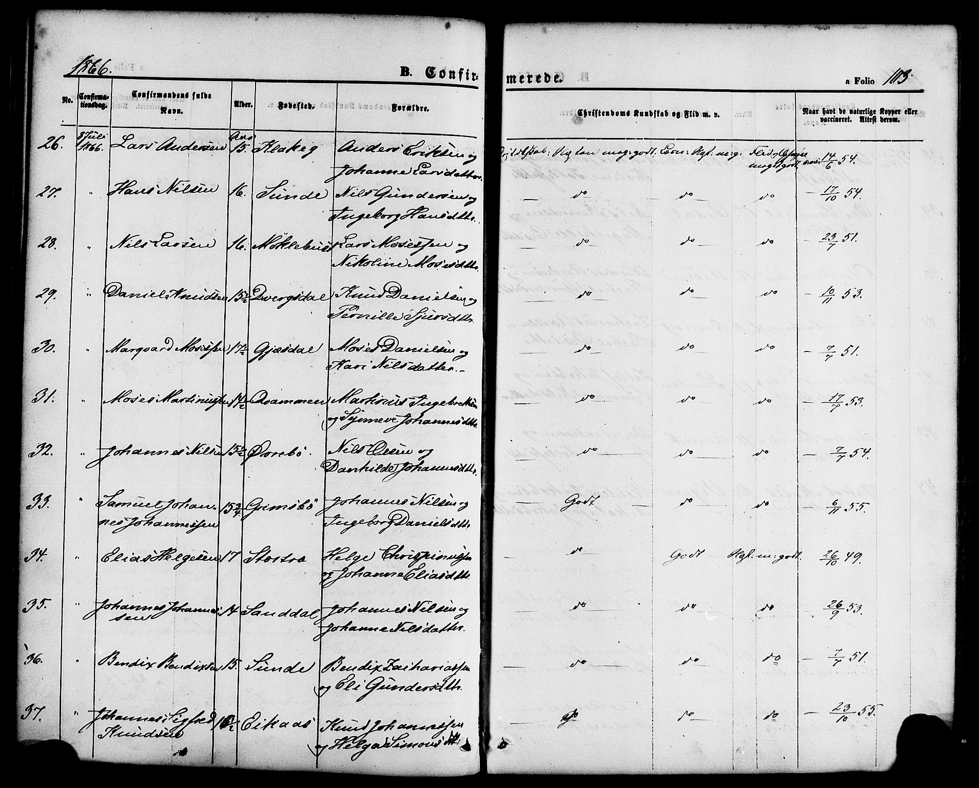 Jølster sokneprestembete, SAB/A-80701/H/Haa/Haaa/L0011: Parish register (official) no. A 11, 1866-1881, p. 103