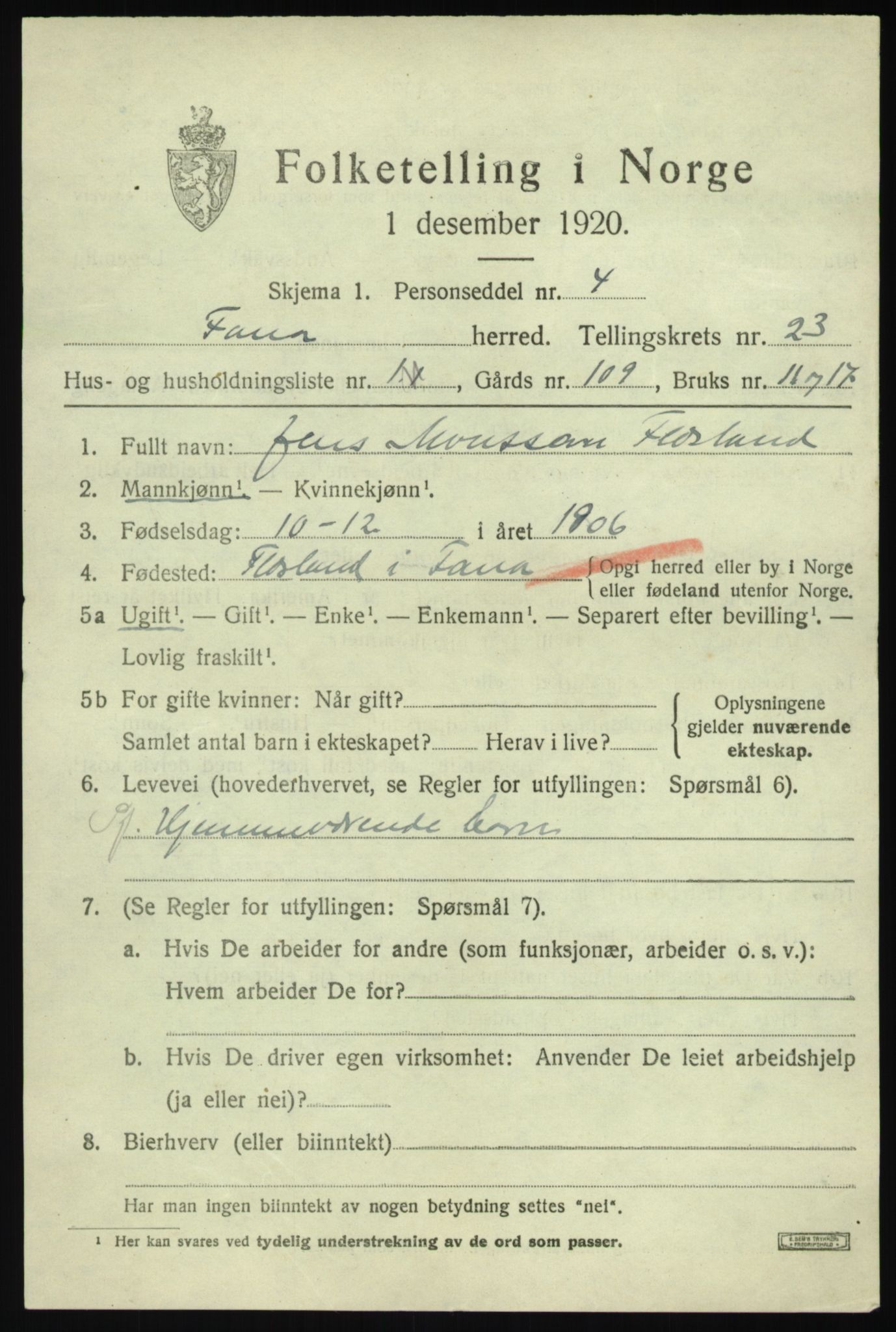 SAB, 1920 census for Fana, 1920, p. 26293