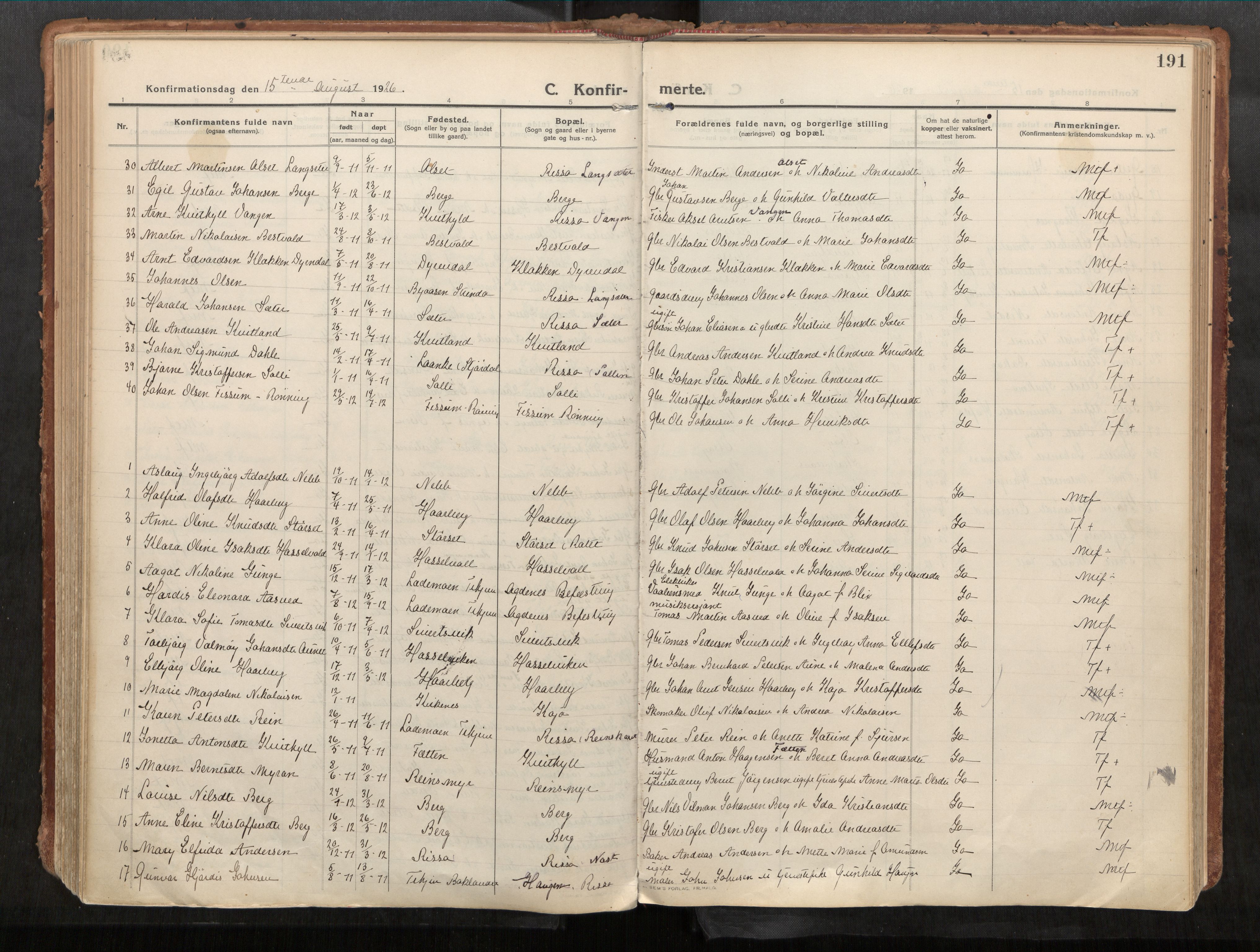 Stadsbygd sokneprestkontor, AV/SAT-A-1117/1/I/I1/I1a/L0001: Parish register (official) no. 1, 1911-1929, p. 191