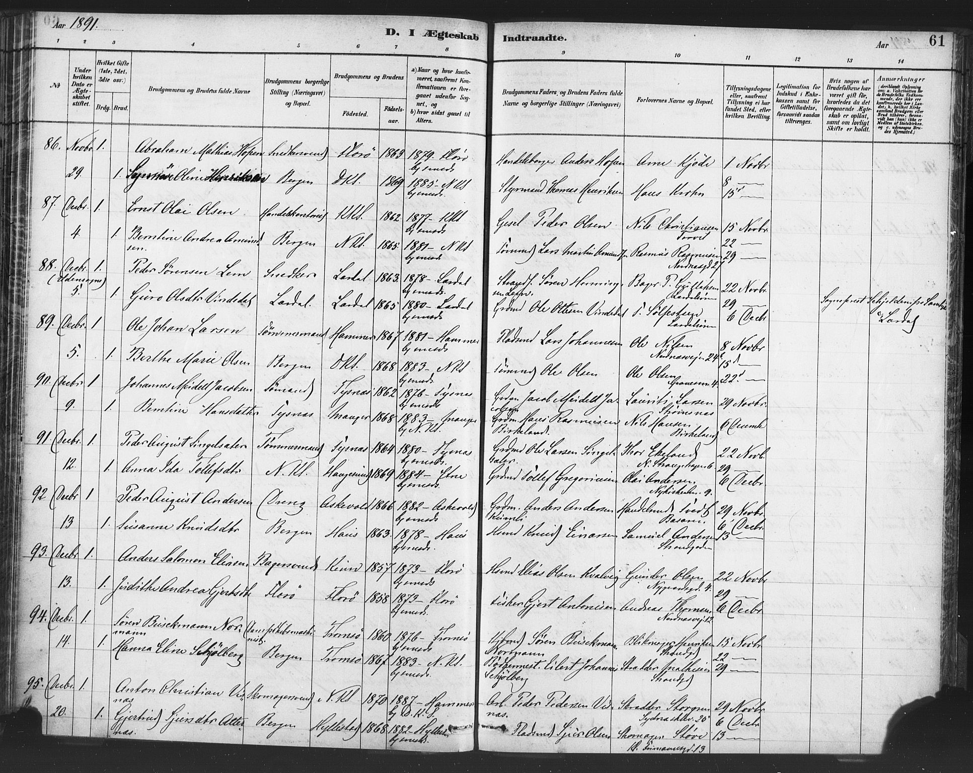 Nykirken Sokneprestembete, AV/SAB-A-77101/H/Haa/L0033: Parish register (official) no. D 3, 1884-1895, p. 61