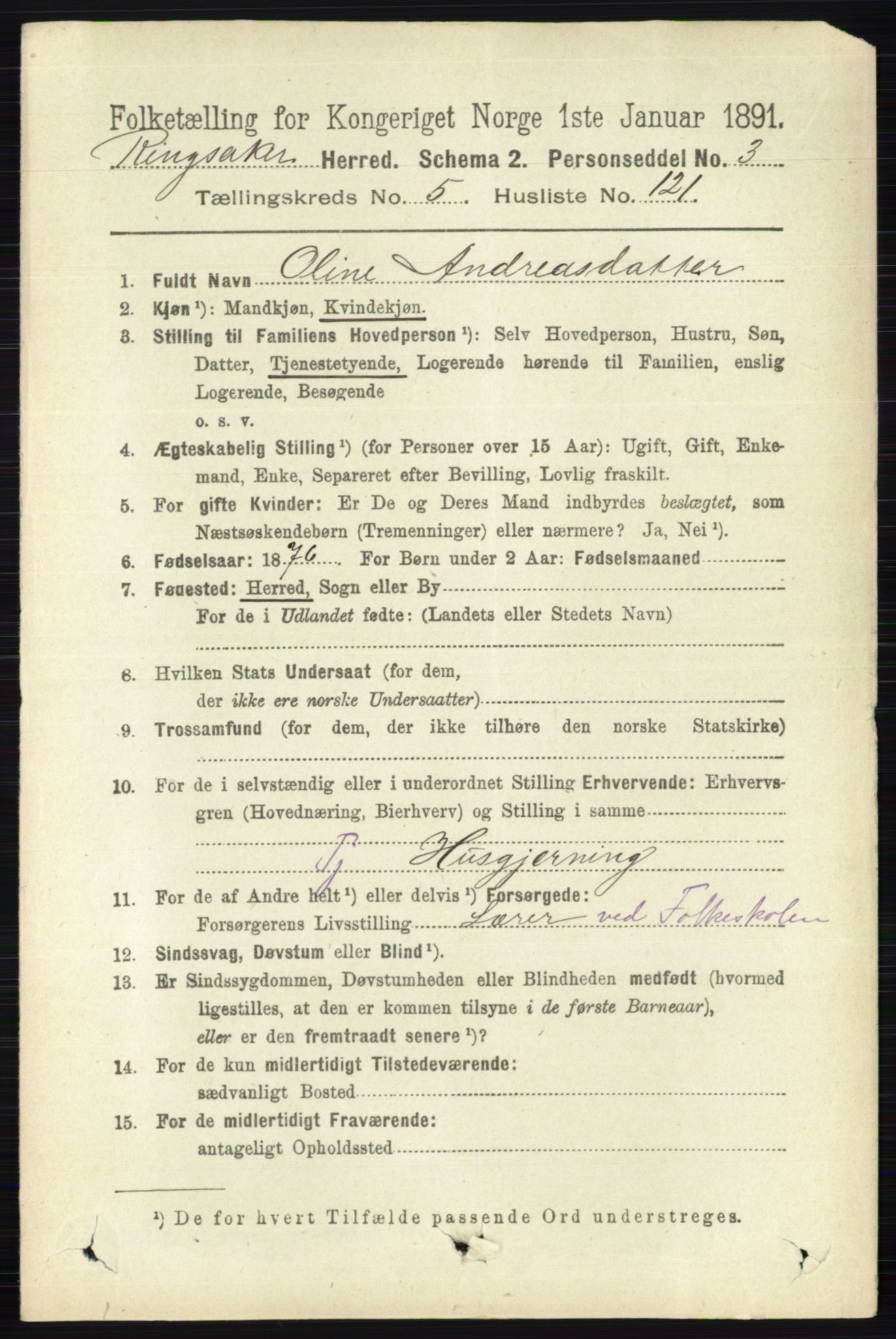 RA, 1891 census for 0412 Ringsaker, 1891, p. 3083