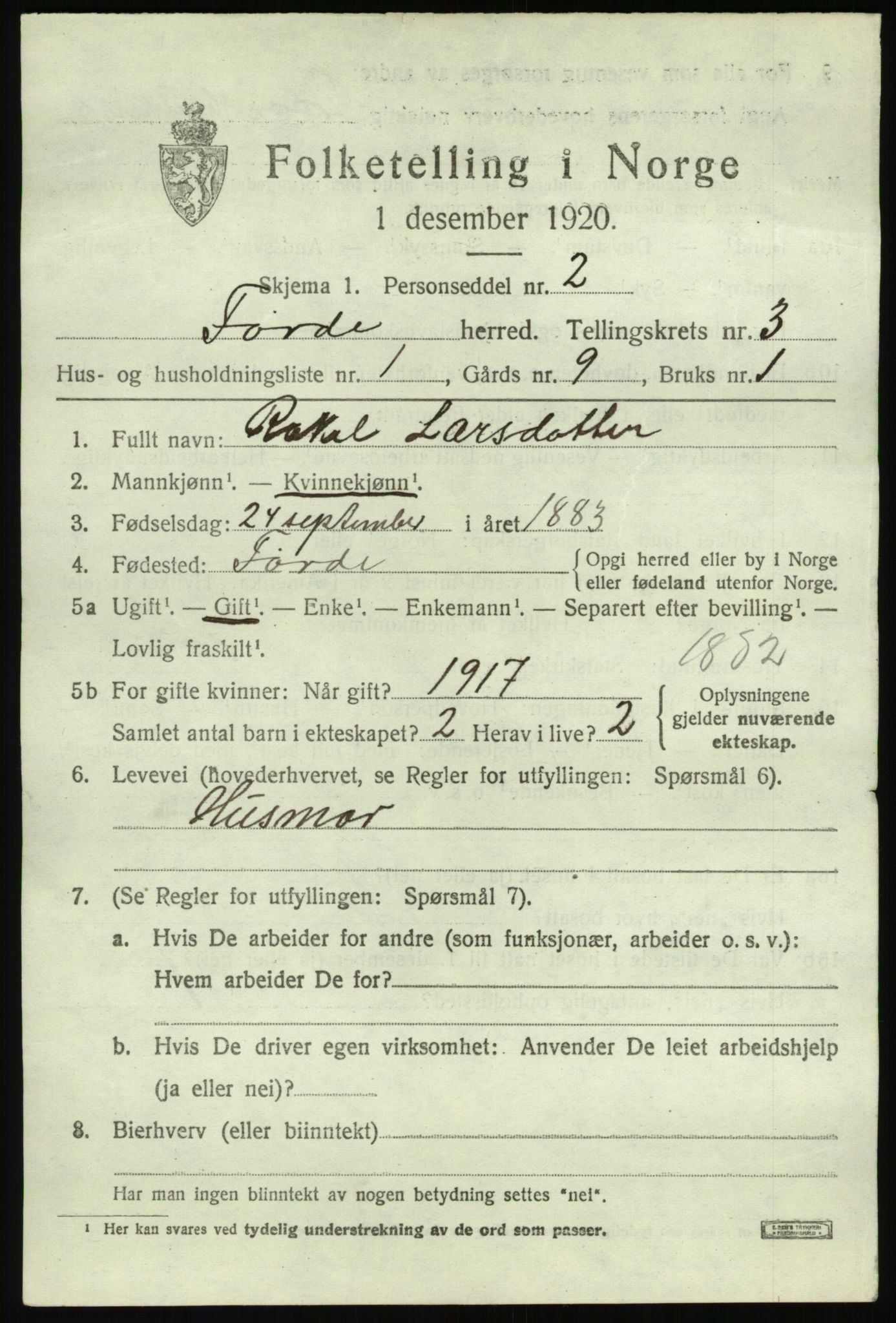 SAB, 1920 census for Førde, 1920, p. 1542