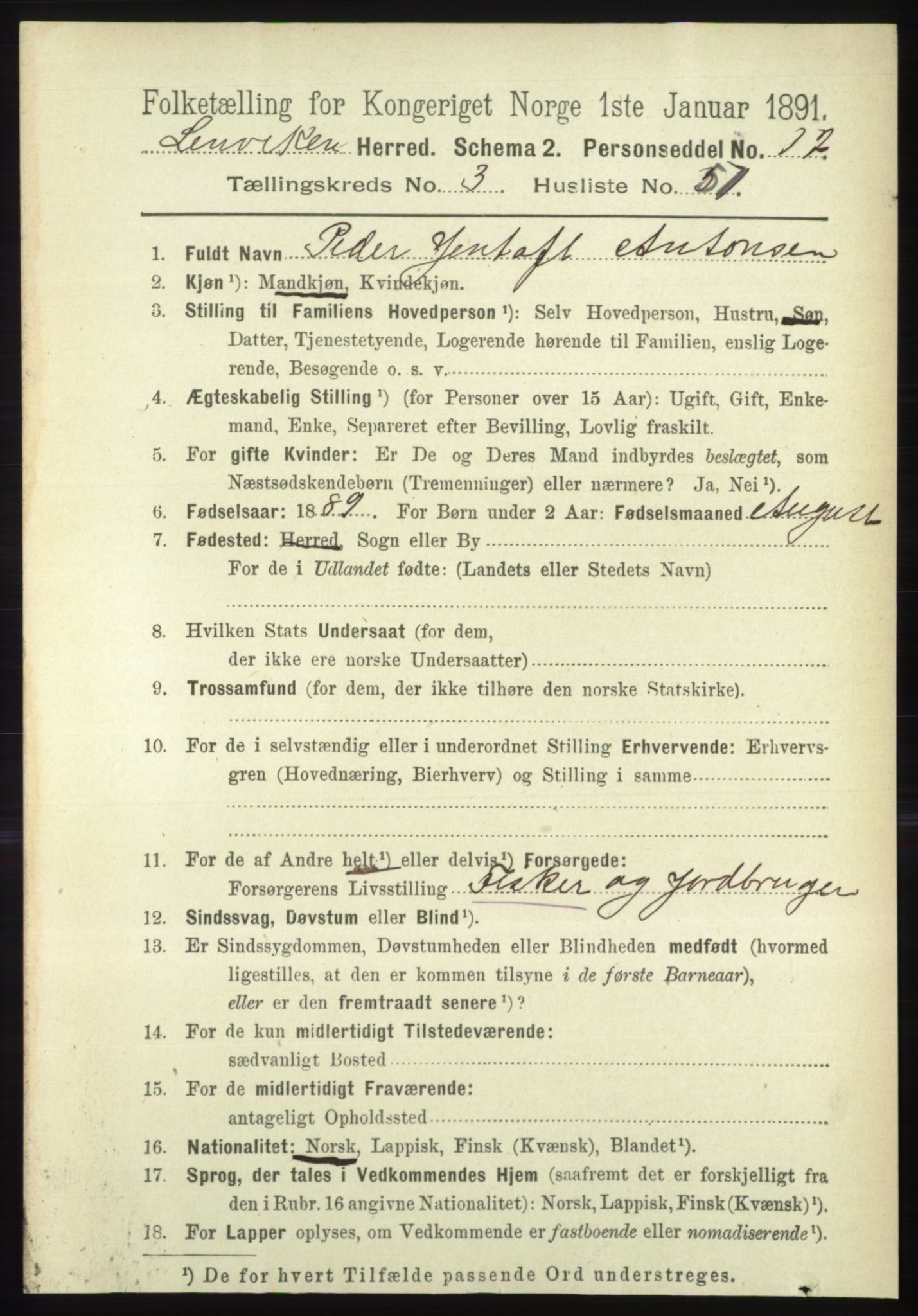 RA, 1891 census for 1931 Lenvik, 1891, p. 1704