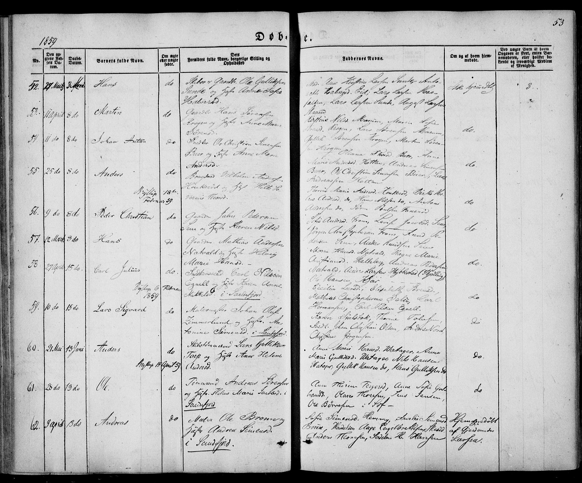 Sandar kirkebøker, SAKO/A-243/F/Fa/L0007: Parish register (official) no. 7, 1855-1861, p. 53