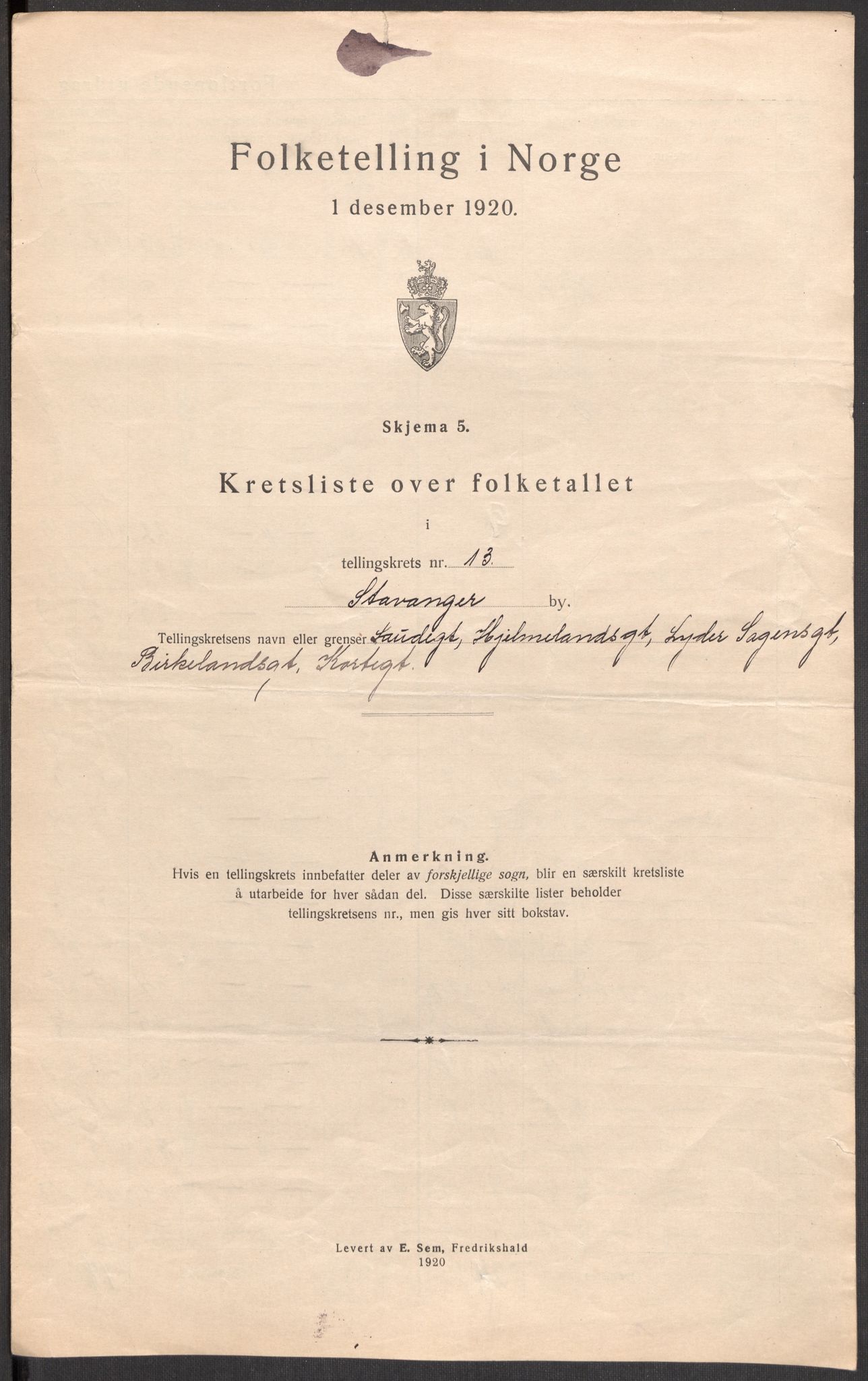 SAST, 1920 census for Stavanger, 1920, p. 43