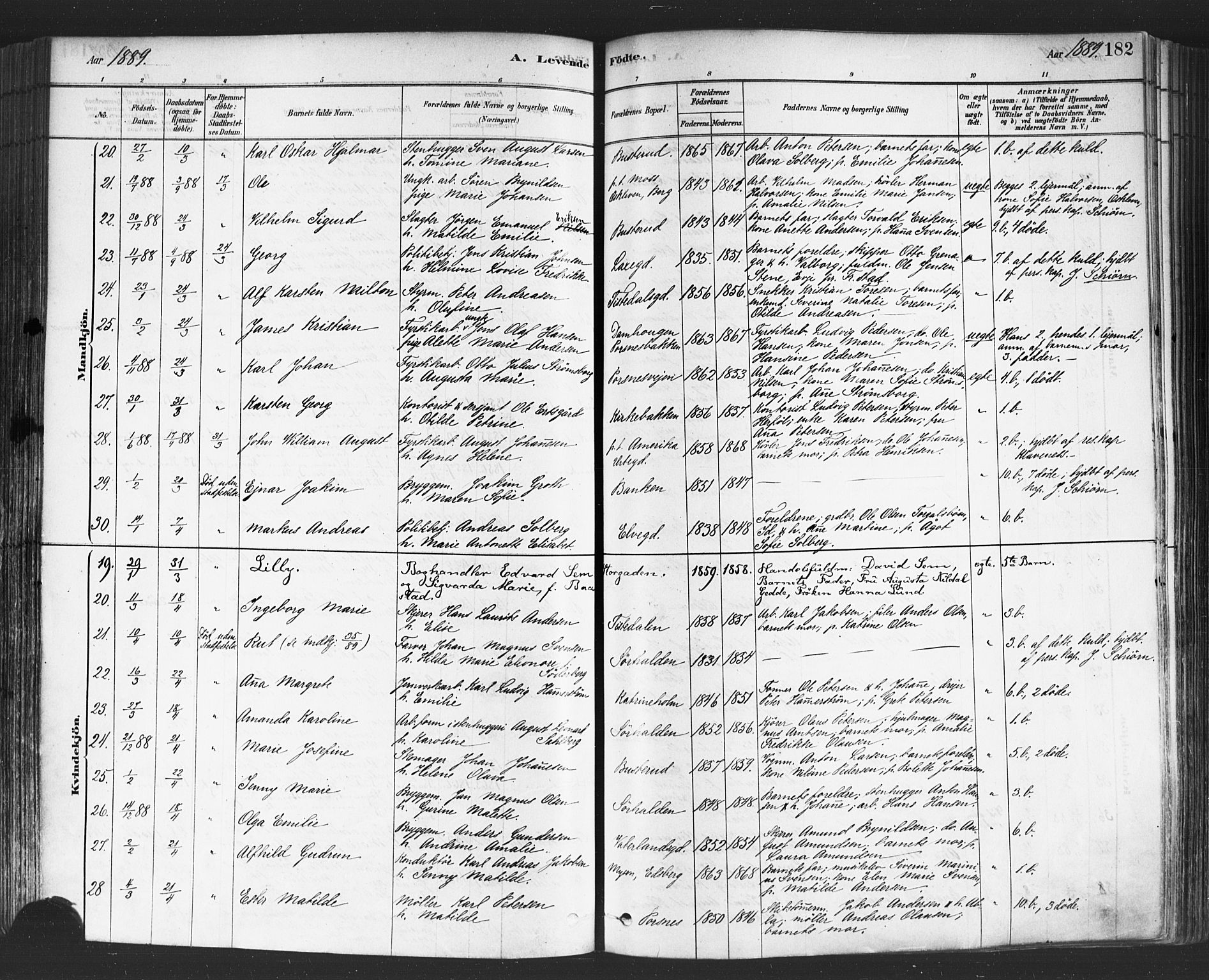 Halden prestekontor Kirkebøker, SAO/A-10909/F/Fa/L0011: Parish register (official) no. I 11, 1878-1889, p. 182