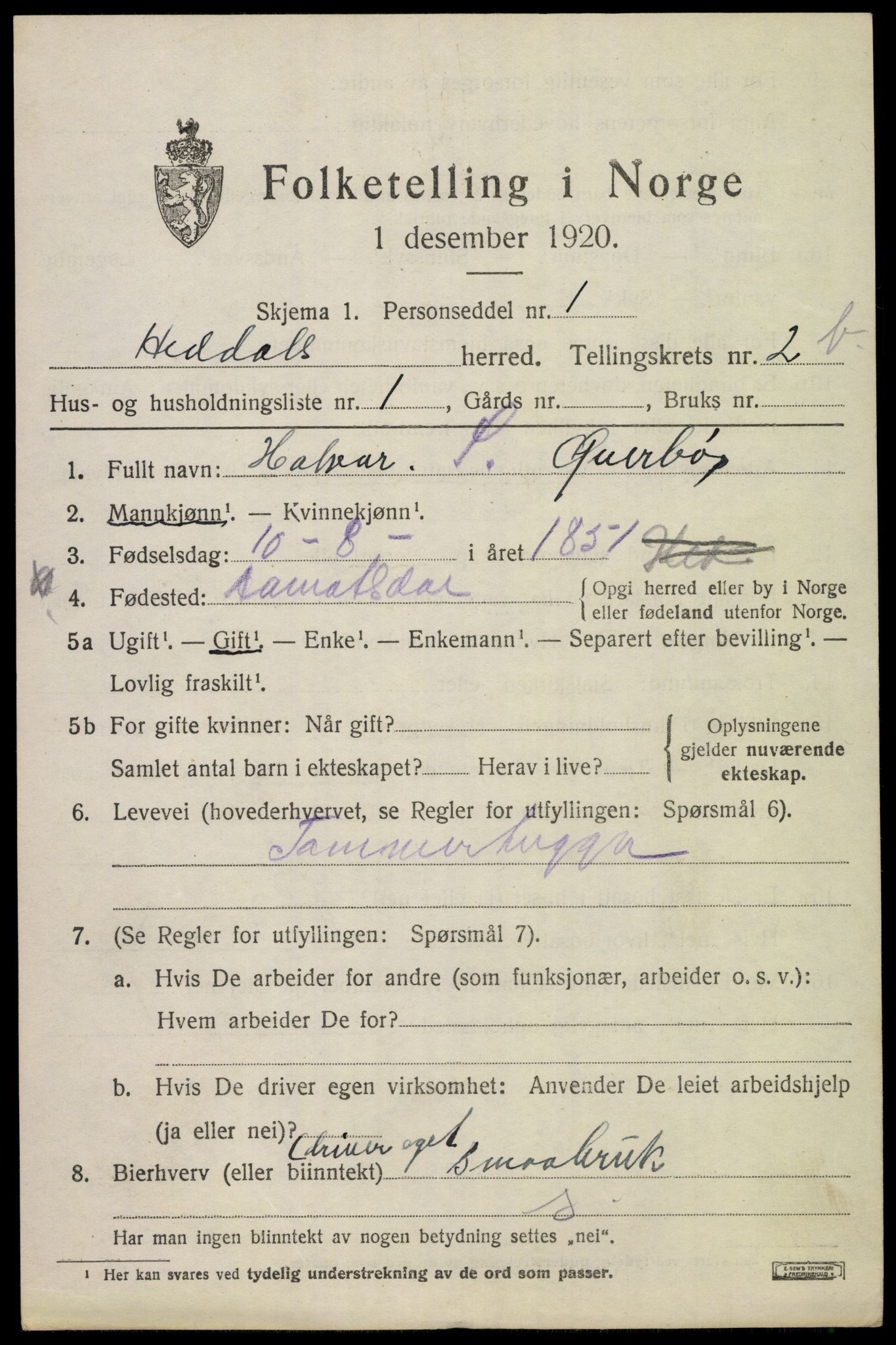 SAKO, 1920 census for Heddal, 1920, p. 2980