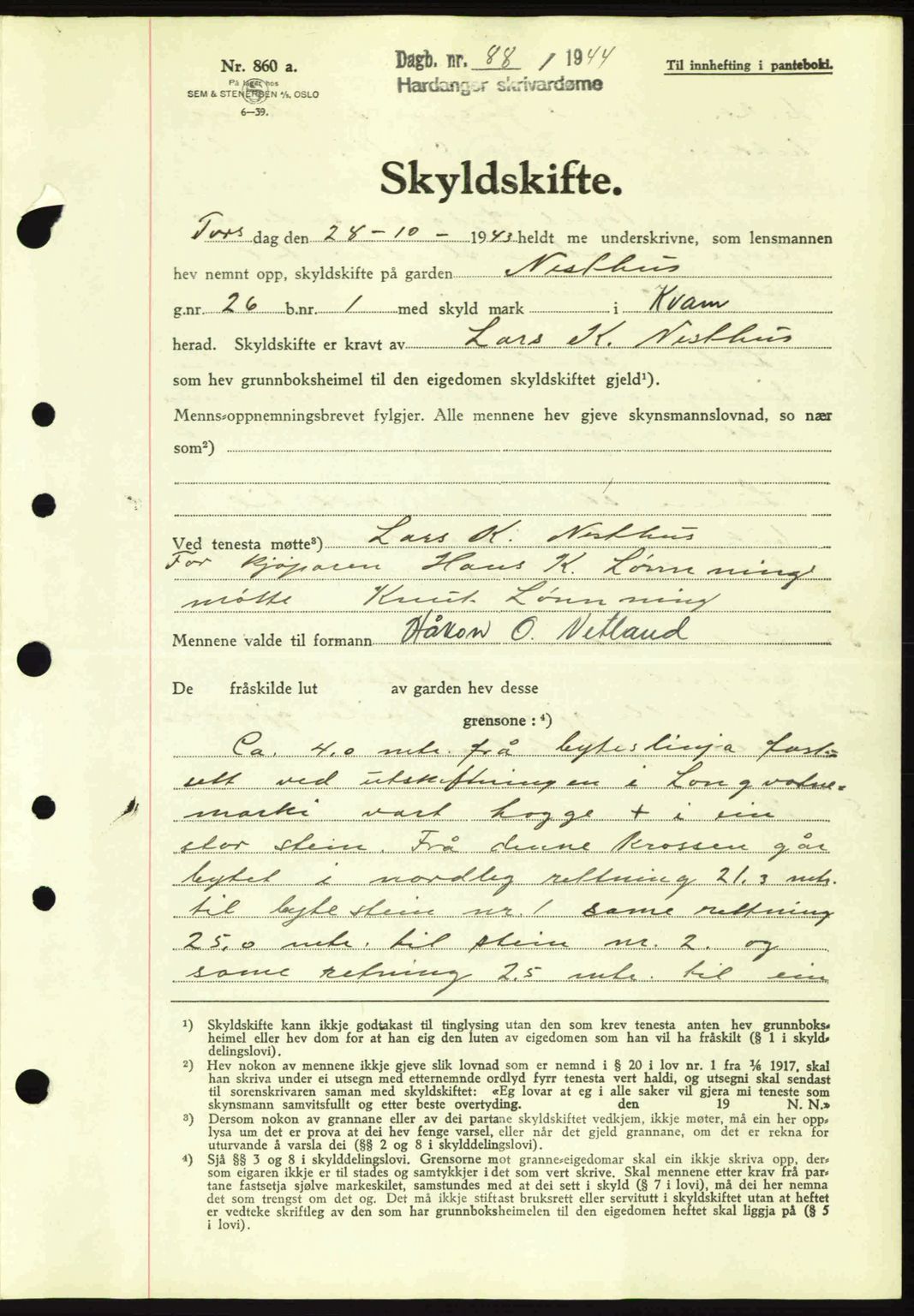 Hardanger sorenskriver, AV/SAB-A-2101/G/Ge/Gec/L0010: Mortgage book no. A10, 1943-1944, Diary no: : 88/1944