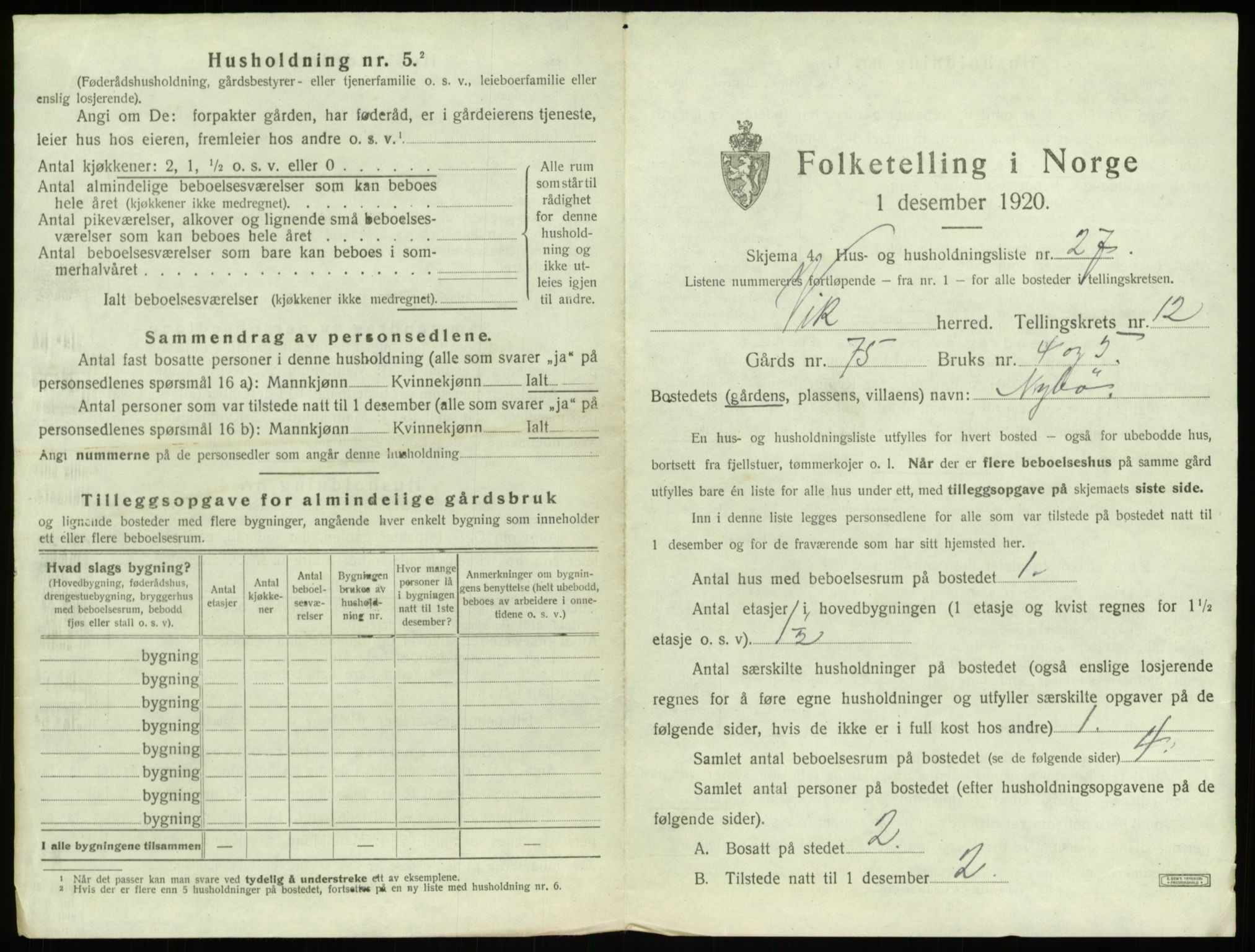 SAB, 1920 census for Vik, 1920, p. 1139