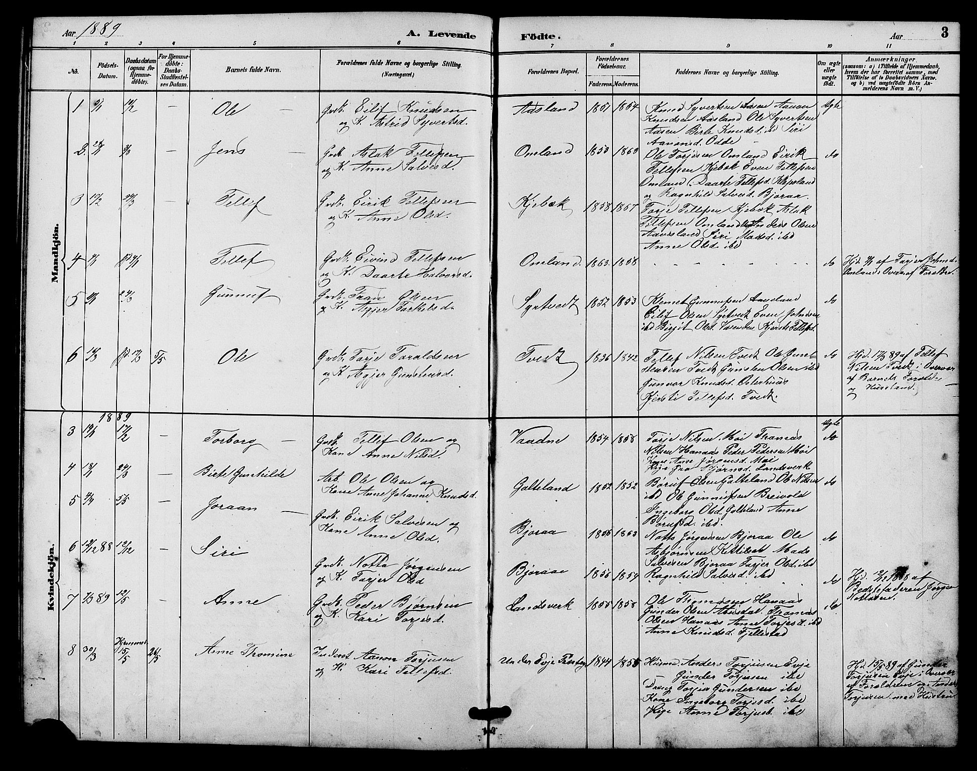 Evje sokneprestkontor, SAK/1111-0008/F/Fb/Fba/L0003: Parish register (copy) no. B 3, 1888-1903, p. 3