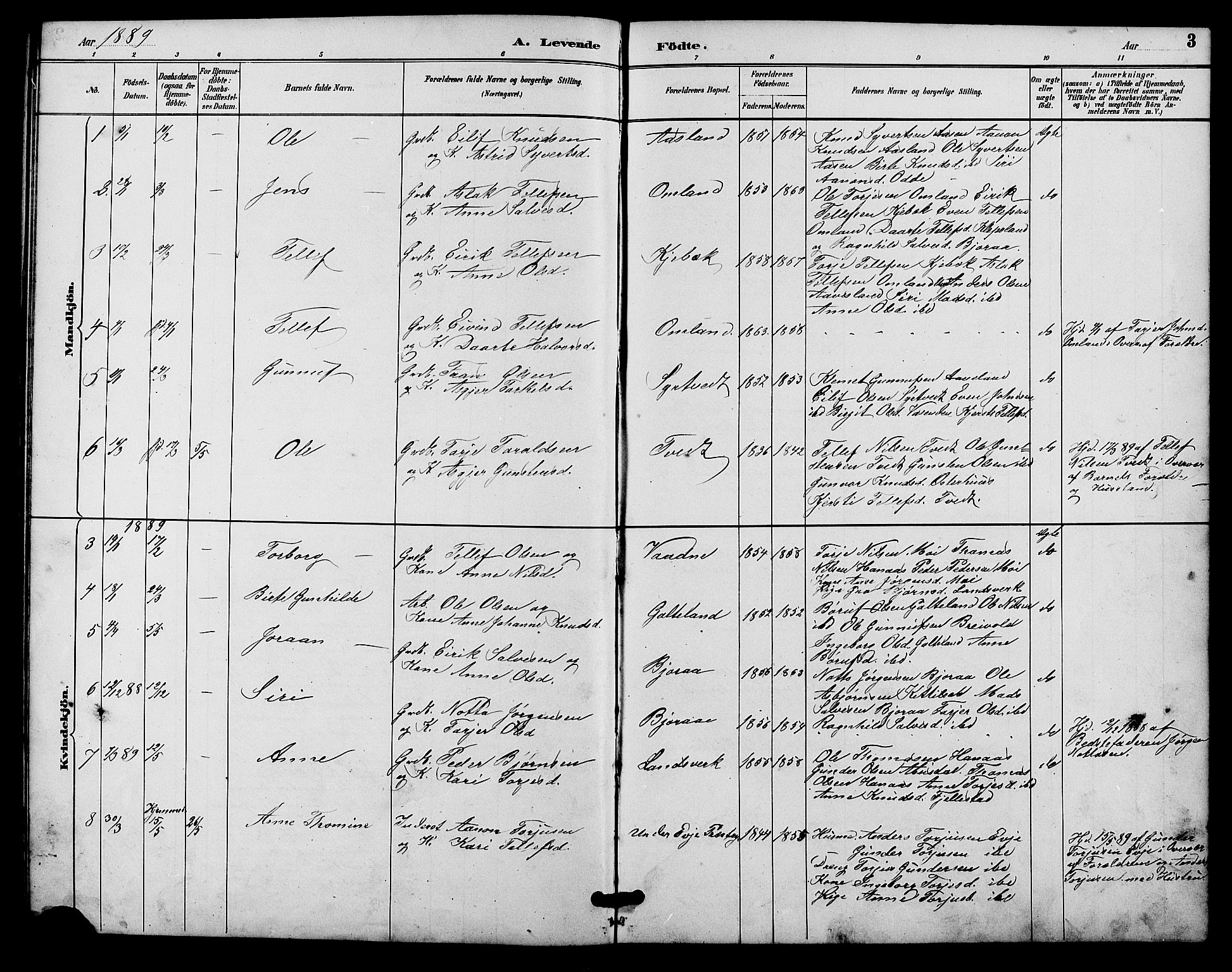 Evje sokneprestkontor, AV/SAK-1111-0008/F/Fb/Fba/L0003: Parish register (copy) no. B 3, 1888-1903, p. 3