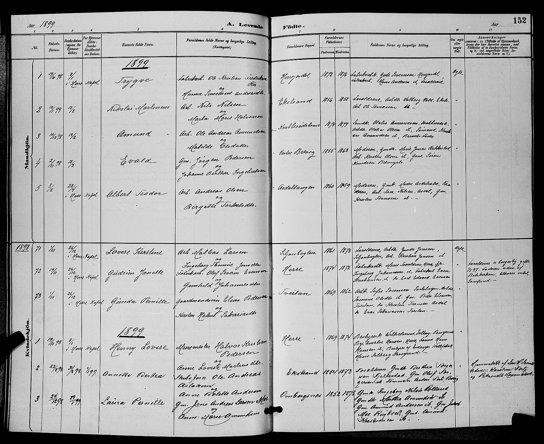 Bamble kirkebøker, SAKO/A-253/G/Ga/L0009: Parish register (copy) no. I 9, 1888-1900, p. 152