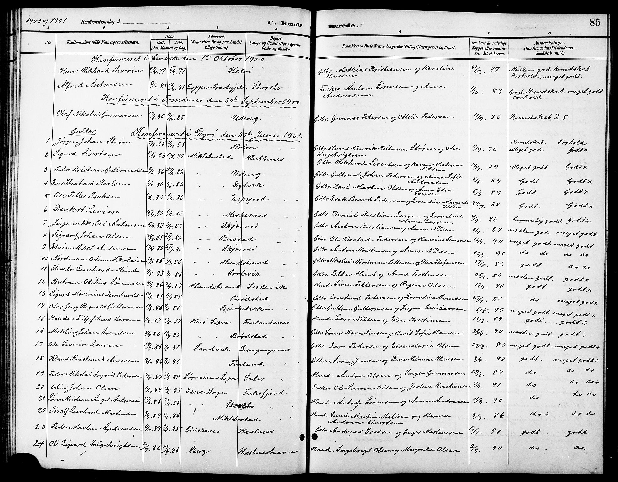 Tranøy sokneprestkontor, AV/SATØ-S-1313/I/Ia/Iab/L0014klokker: Parish register (copy) no. 14, 1896-1918, p. 85