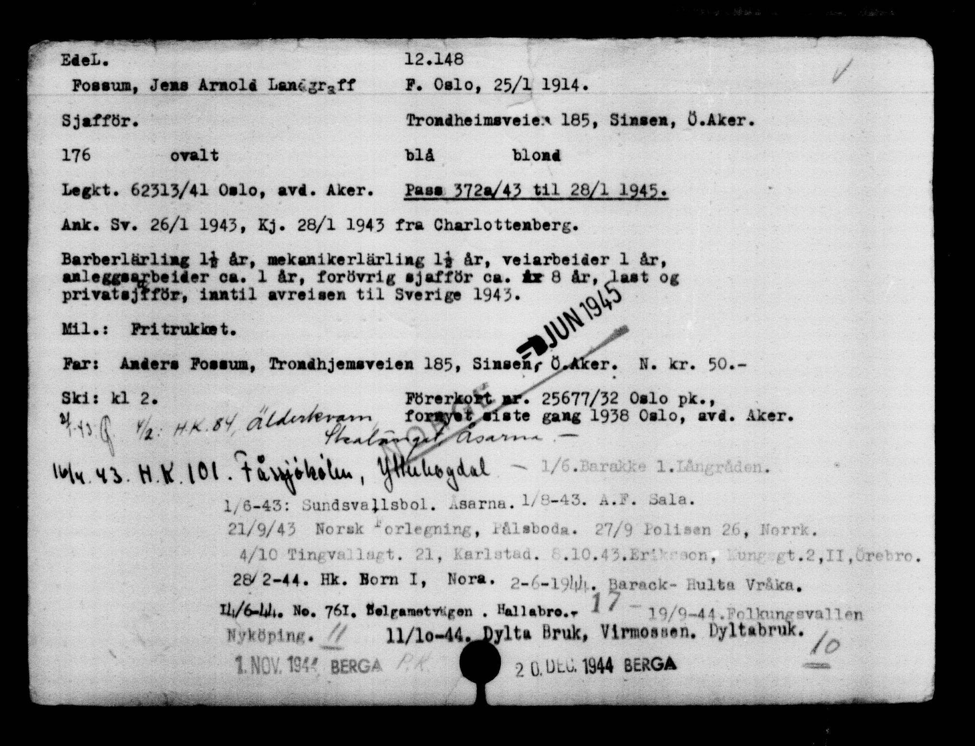 Den Kgl. Norske Legasjons Flyktningskontor, AV/RA-S-6753/V/Va/L0006: Kjesäterkartoteket.  Flyktningenr. 9400-12711, 1940-1945, p. 3127