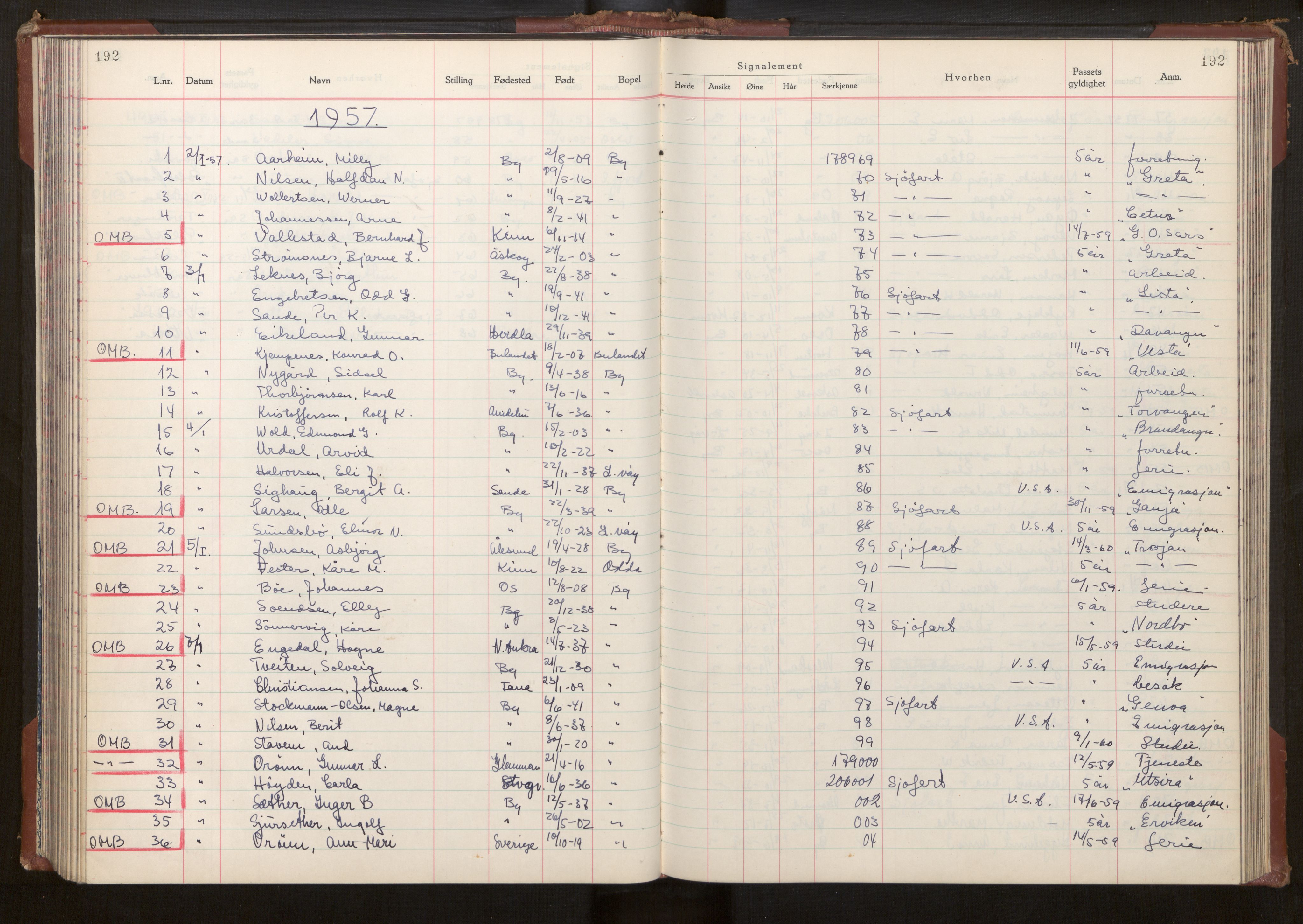 Bergen politikammer / politidistrikt, AV/SAB-A-60401/L/La/Lab/L0021: Passprotokoll, 1955-1957, p. 192