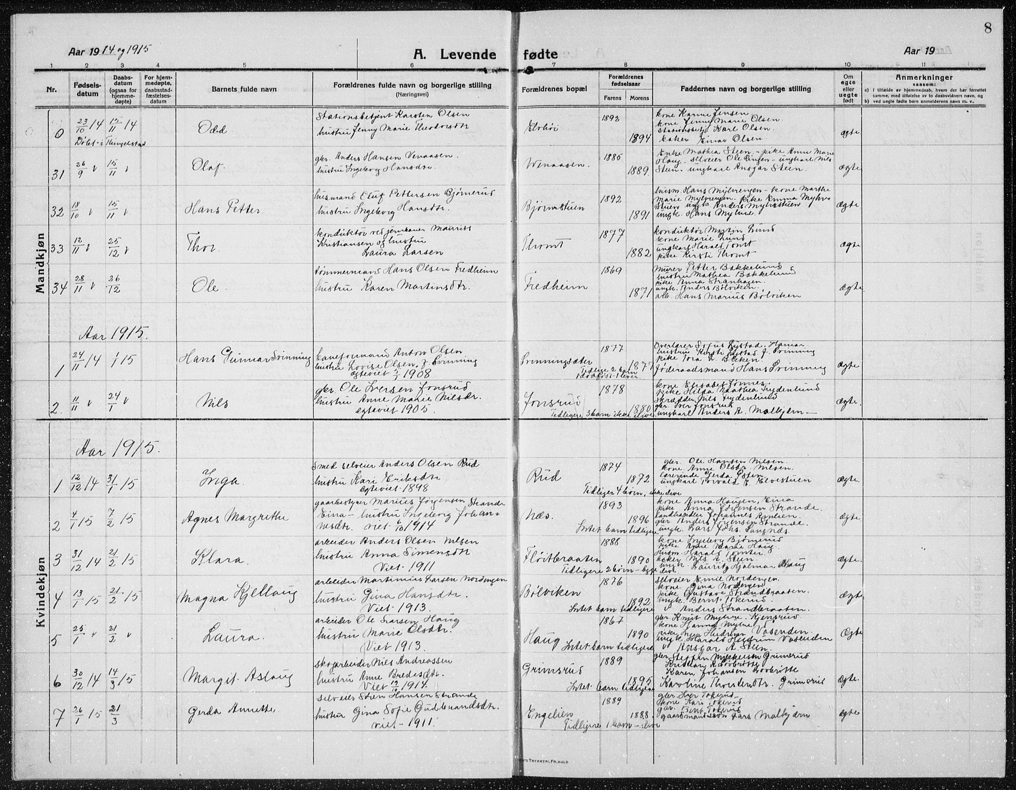 Brandbu prestekontor, SAH/PREST-114/H/Ha/Hab/L0001: Parish register (copy) no. 1, 1914-1937, p. 8