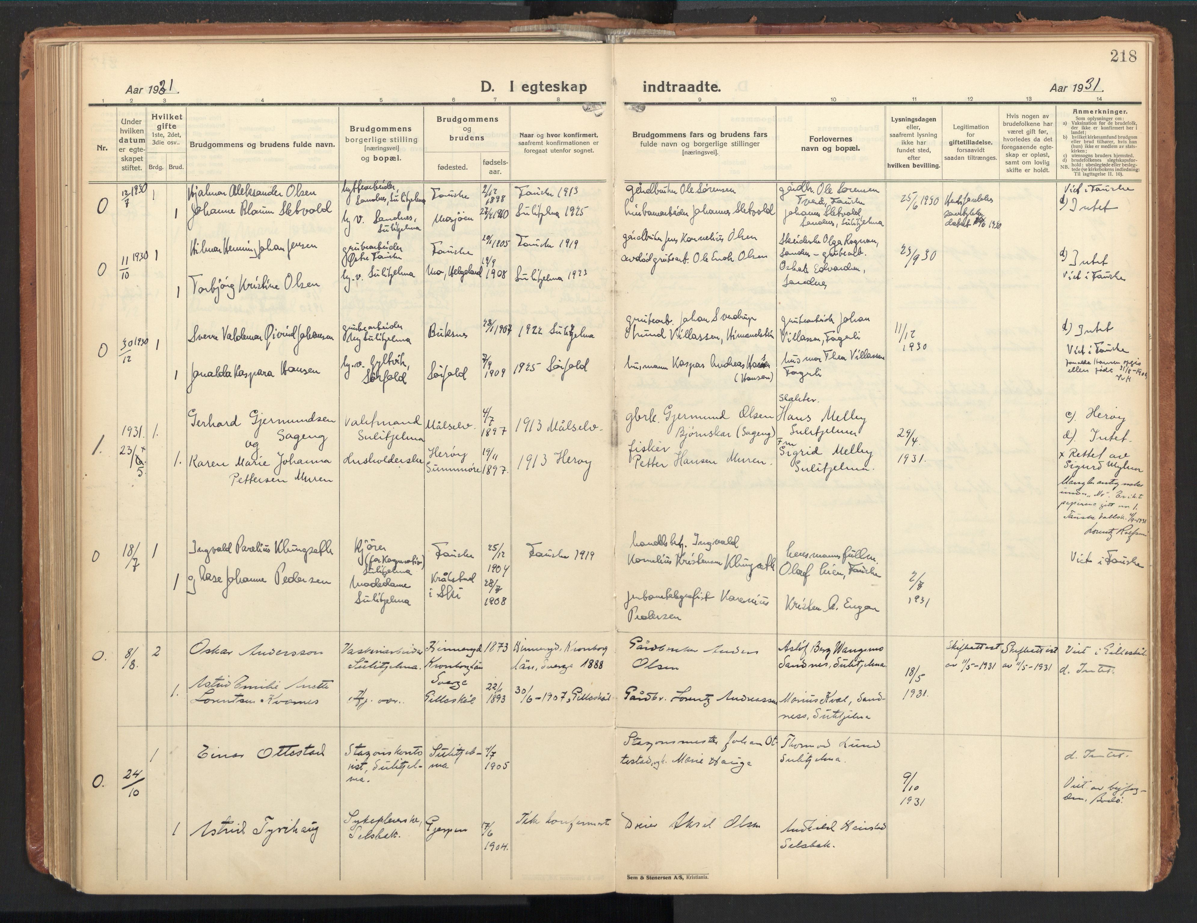 Ministerialprotokoller, klokkerbøker og fødselsregistre - Nordland, SAT/A-1459/850/L0716: Curate's parish register no. 850B06, 1924-1938, p. 218